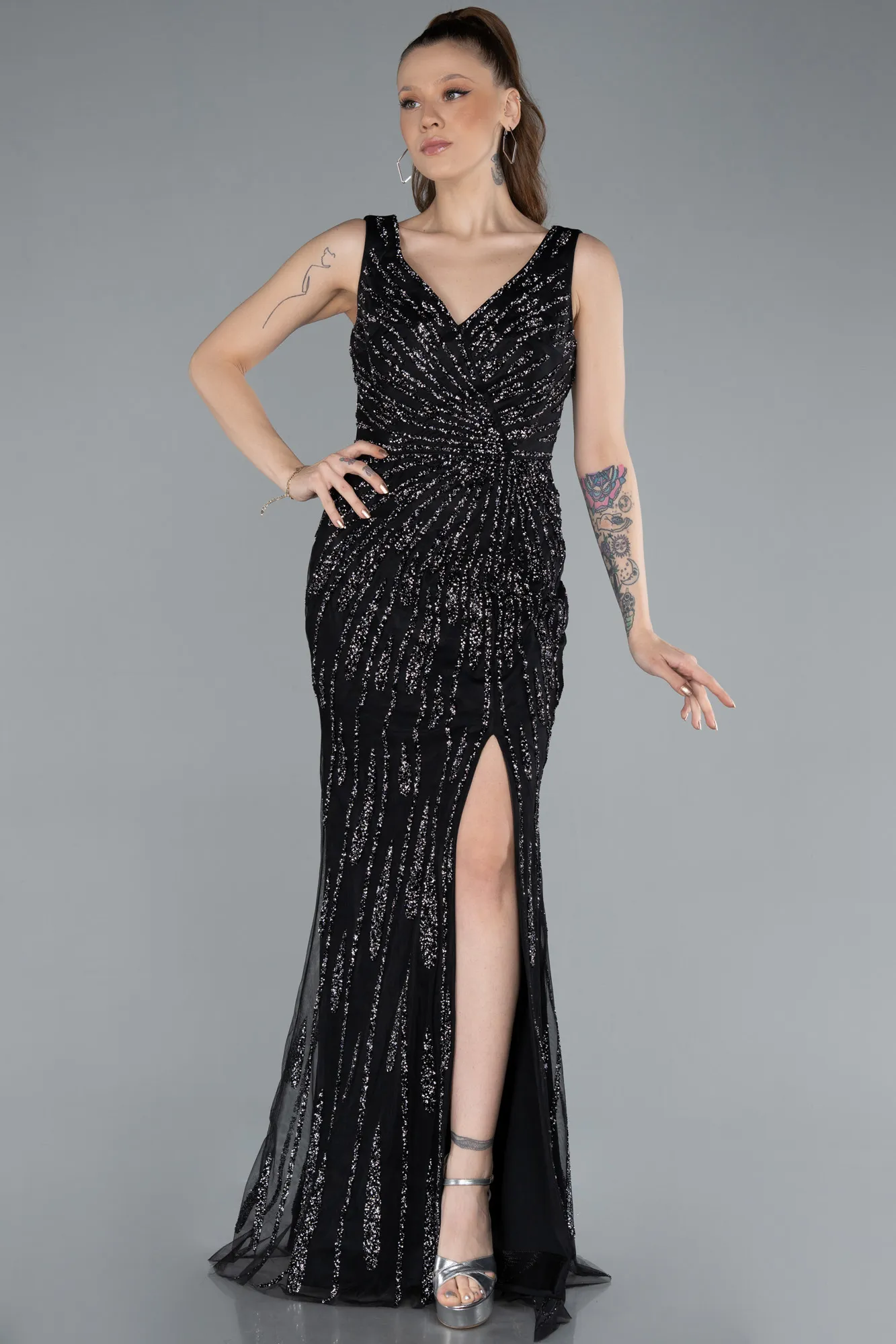Black-Sleeveless V Neck Slit Stone Evening Gown ABU4714