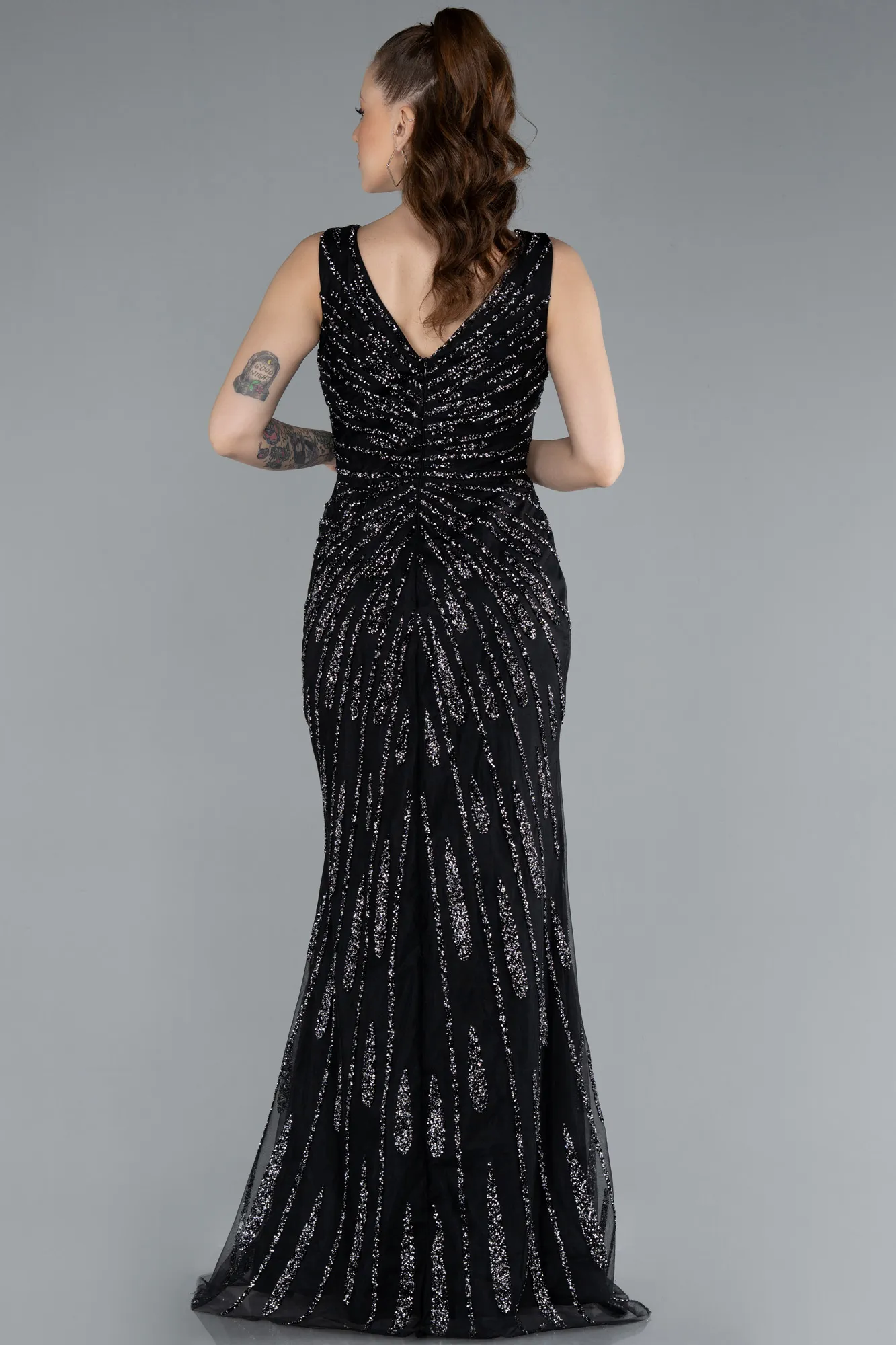 Black-Sleeveless V Neck Slit Stone Evening Gown ABU4714