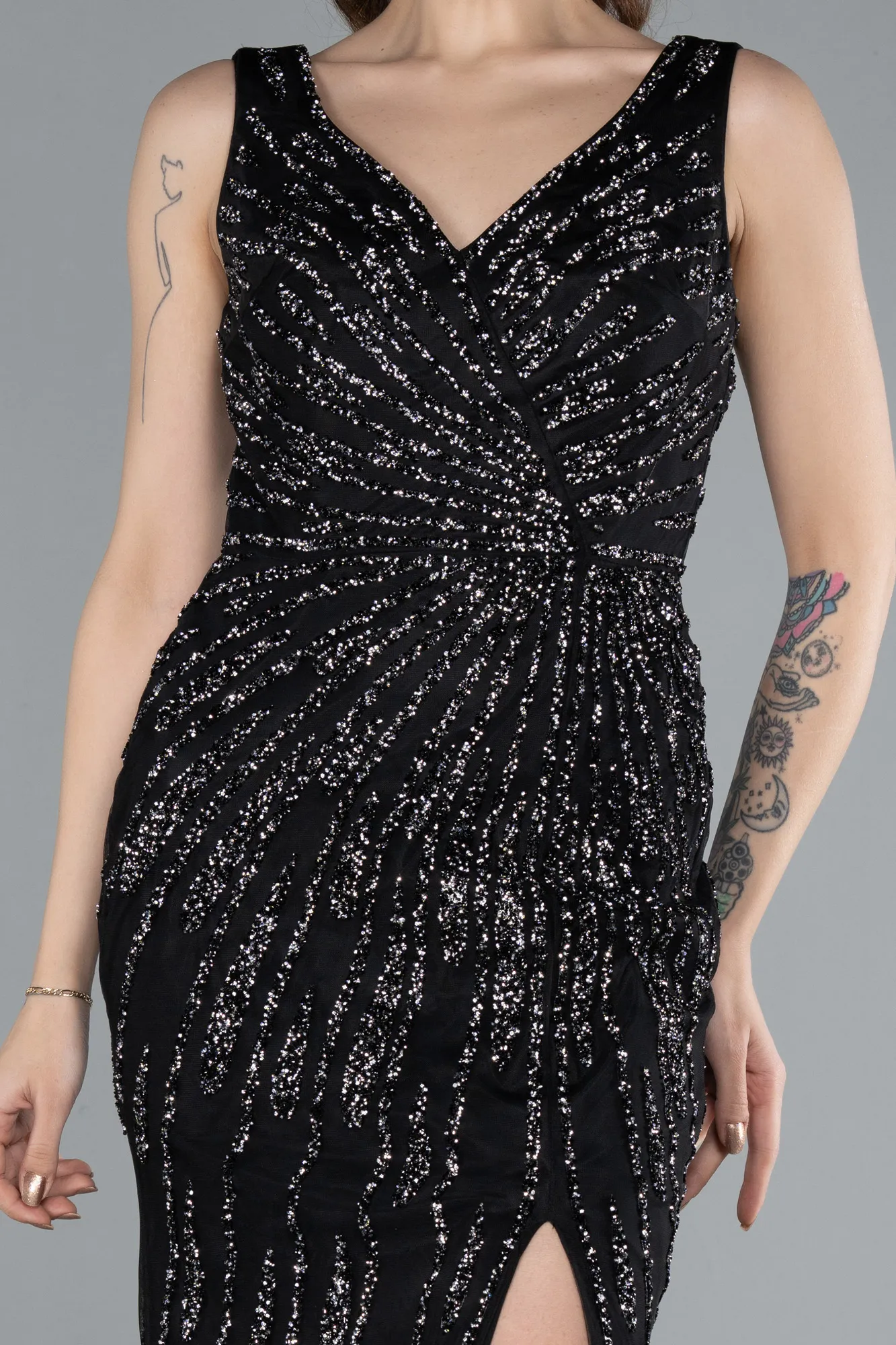 Black-Sleeveless V Neck Slit Stone Evening Gown ABU4714