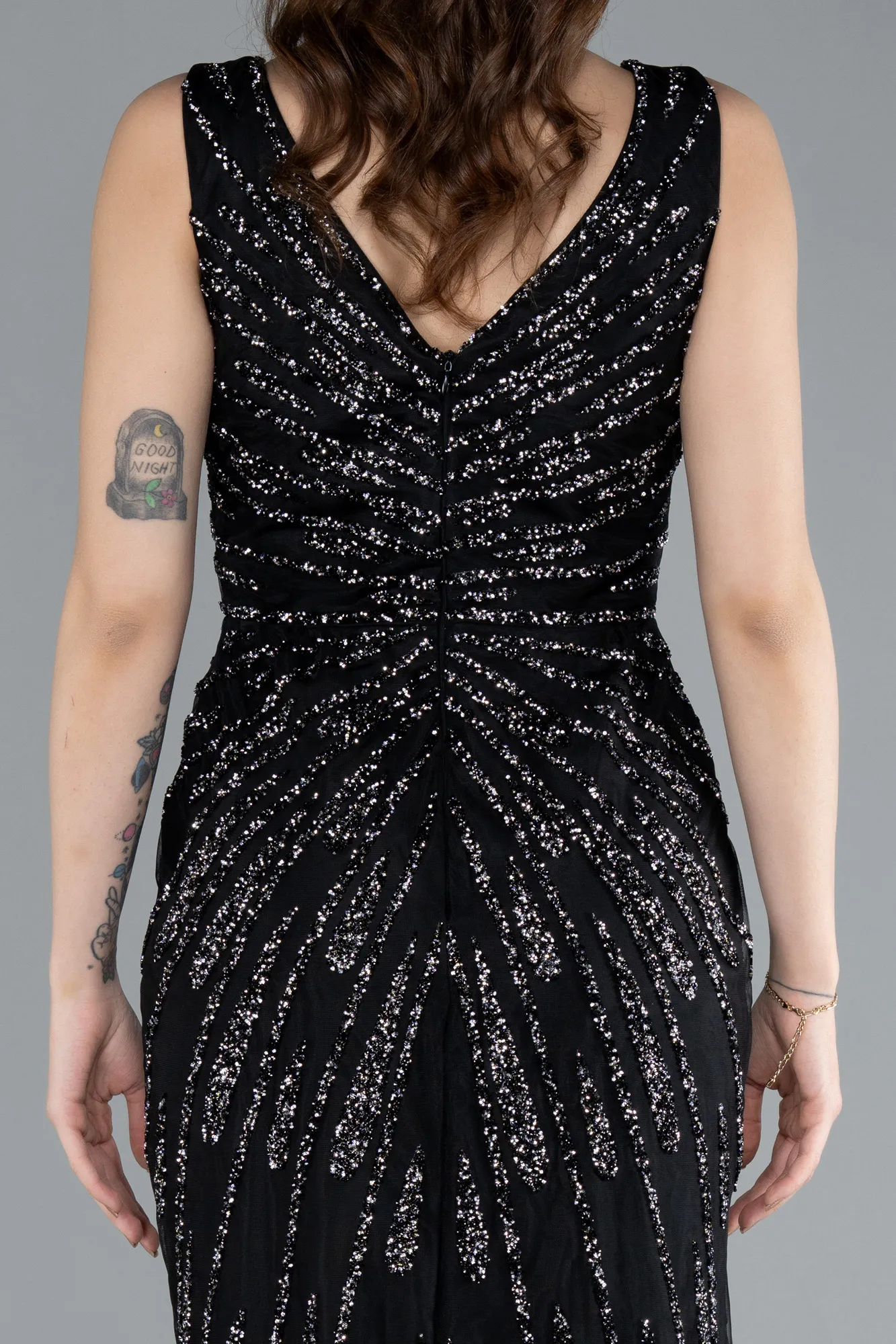 Black-Sleeveless V Neck Slit Stone Evening Gown ABU4714