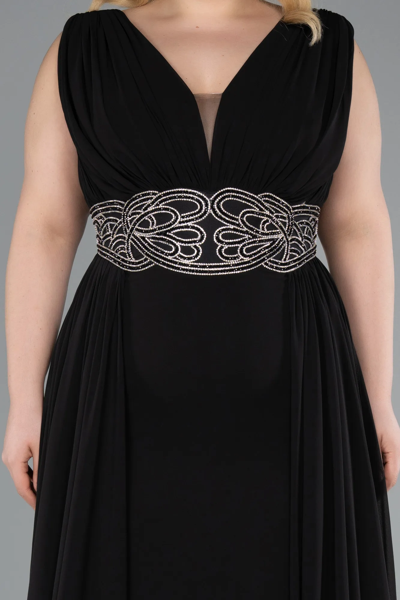 Black-Sleeveless Waist Stoned Slit Long Chiffon Plus Size Evening Gown ABU5006