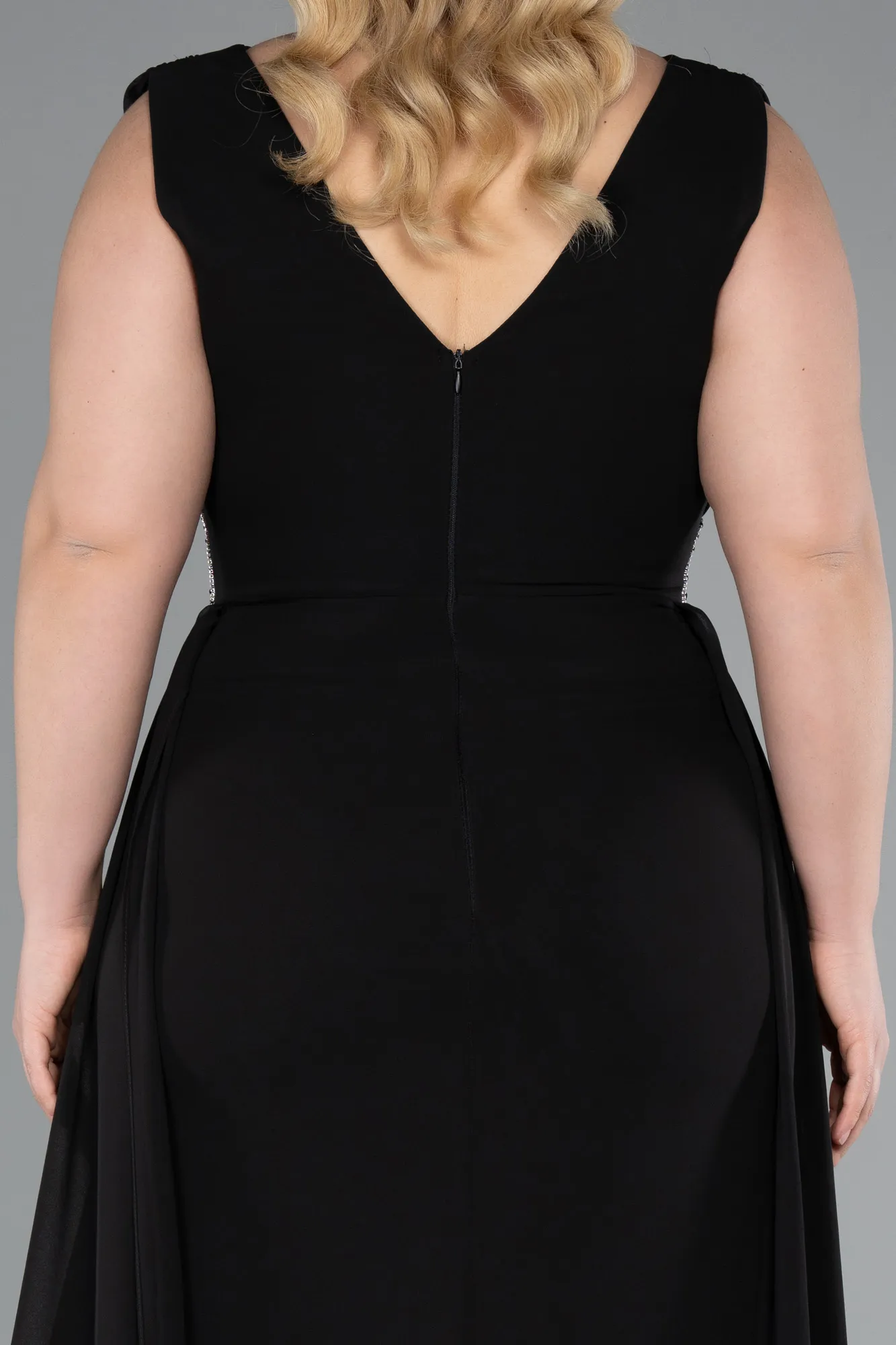 Black-Sleeveless Waist Stoned Slit Long Chiffon Plus Size Evening Gown ABU5006