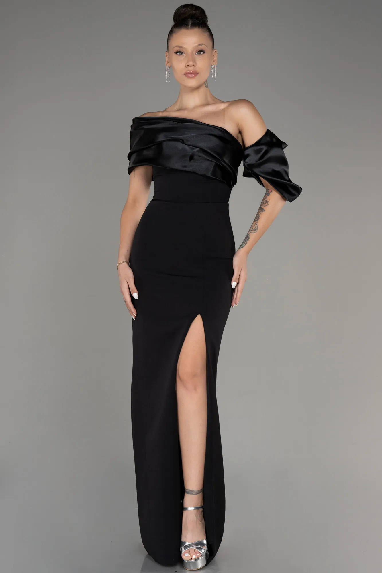 Black-Off Shoulder Satin Drape Slit Evening Gown ABU4024