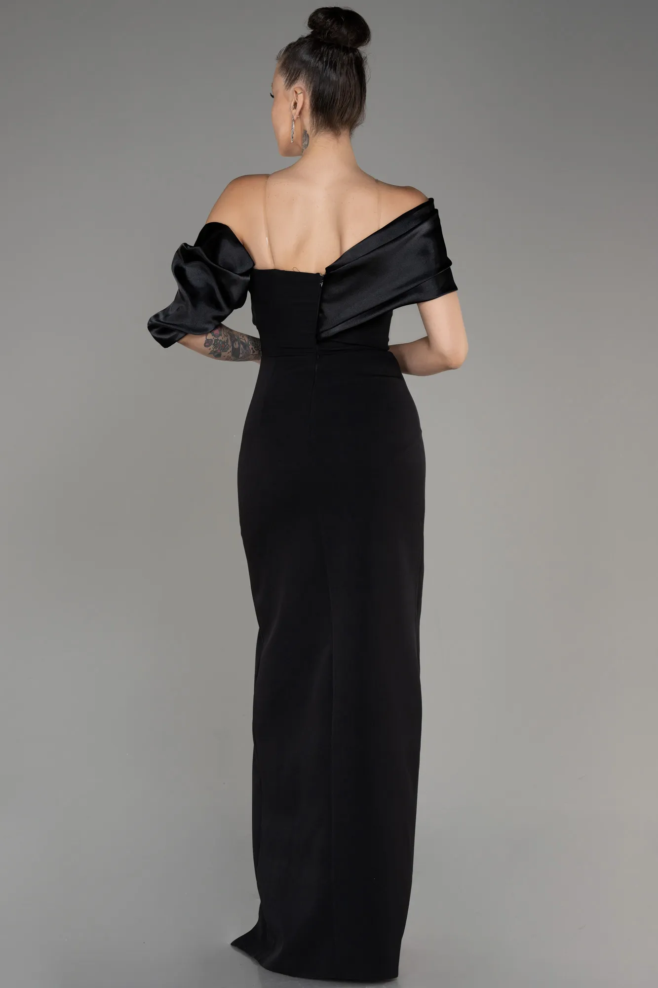 Black-Off Shoulder Satin Drape Slit Evening Gown ABU4024