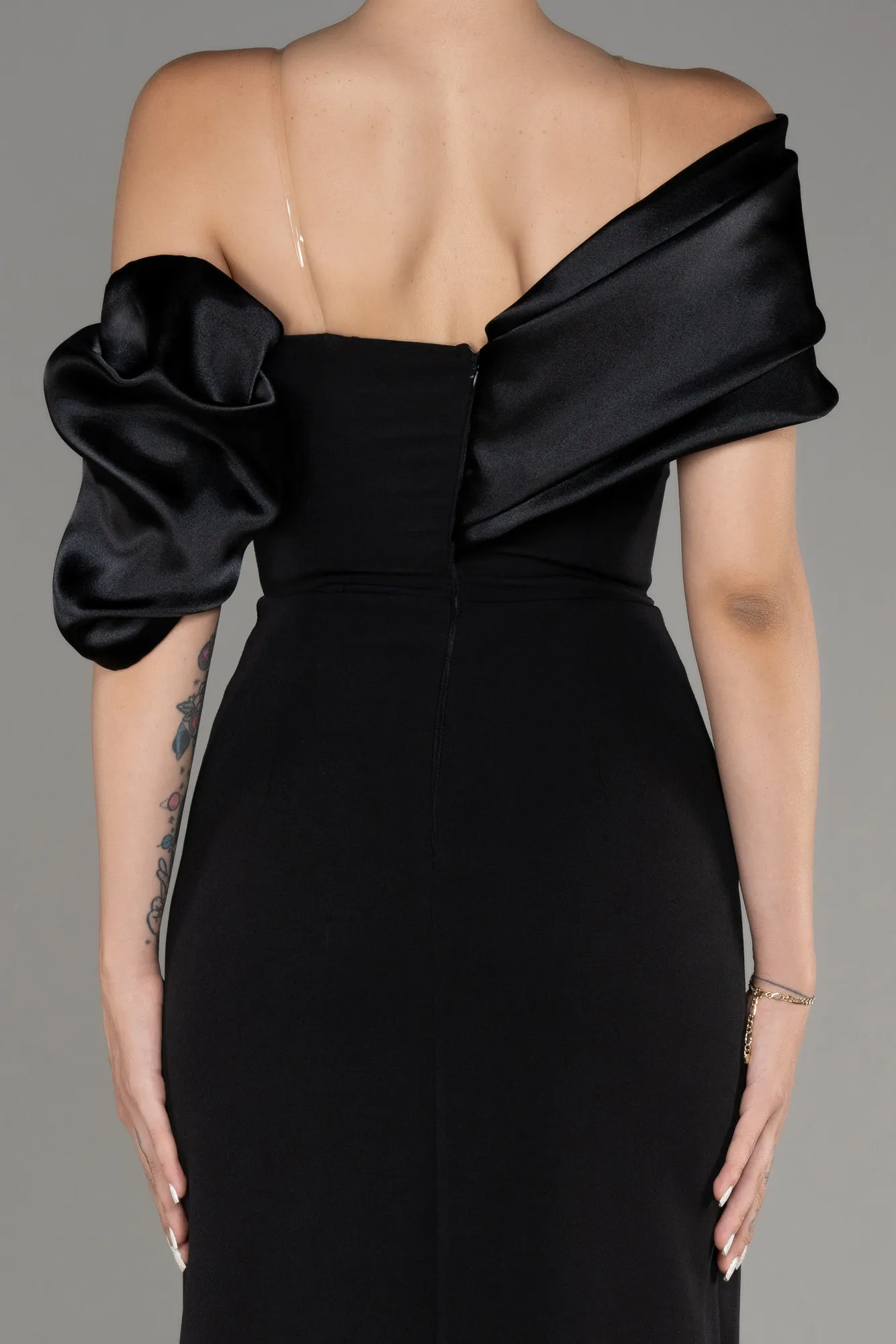 Black-Off Shoulder Satin Drape Slit Evening Gown ABU4024
