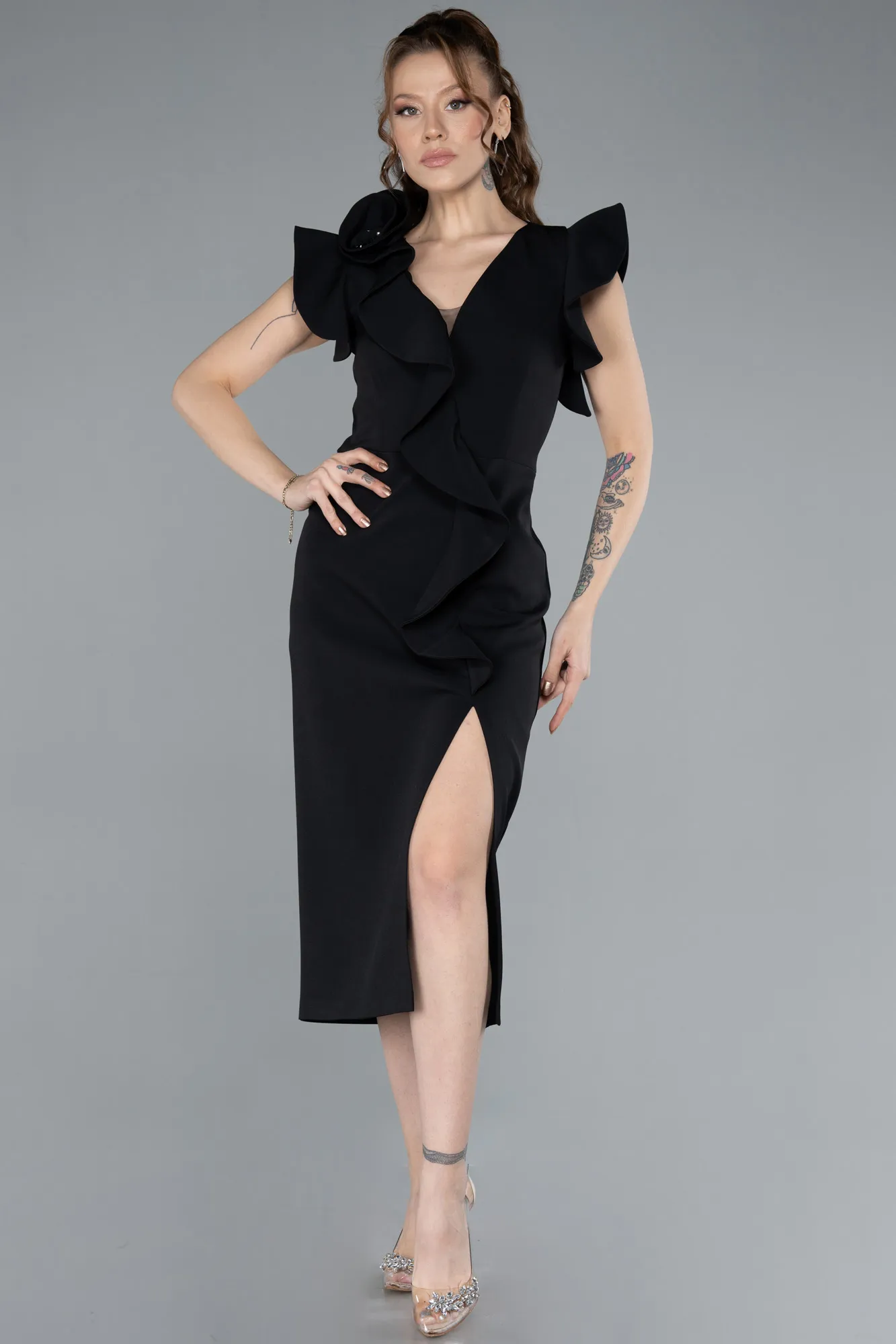 Black-Slit Midi Cocktail Dress ABK2277
