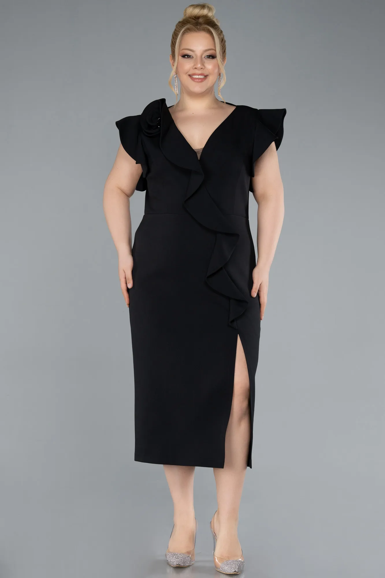 Black-Slit Midi Plus Size Invitation Dress ABK2278