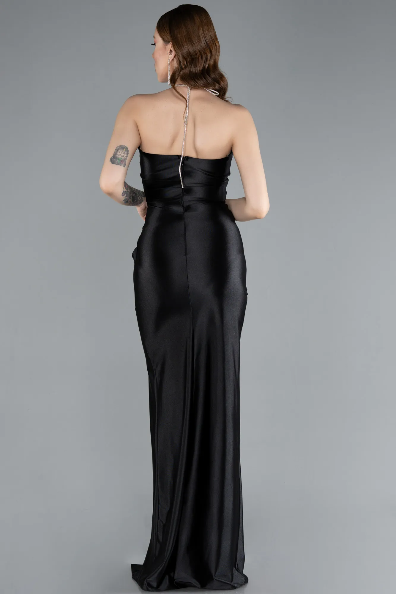 Black-Slit Satin Long Prom Dress ABU4884