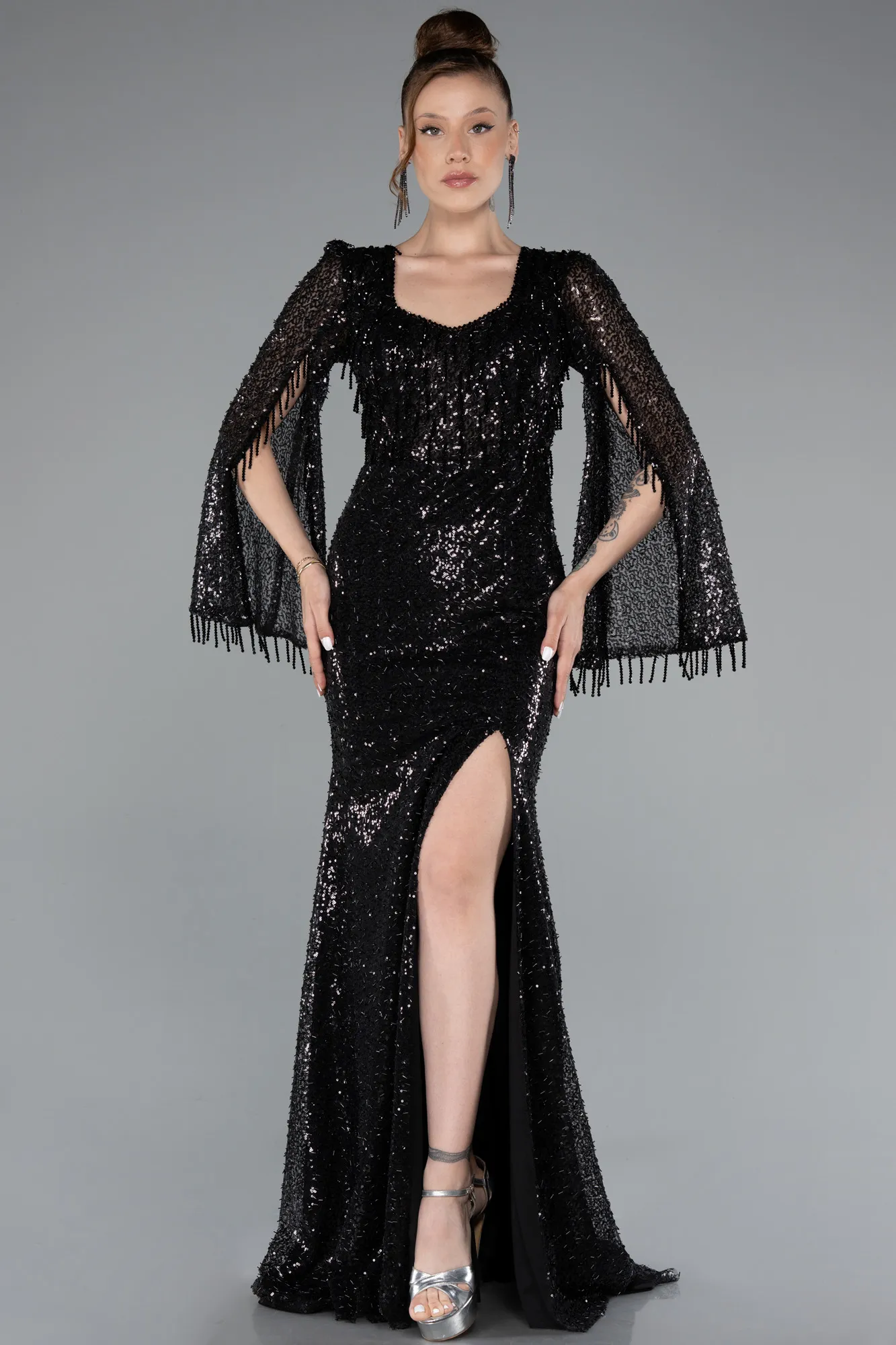 Black-Slit Shawl Sleeve Long Special Design Beaded Evening Dress ABU5002