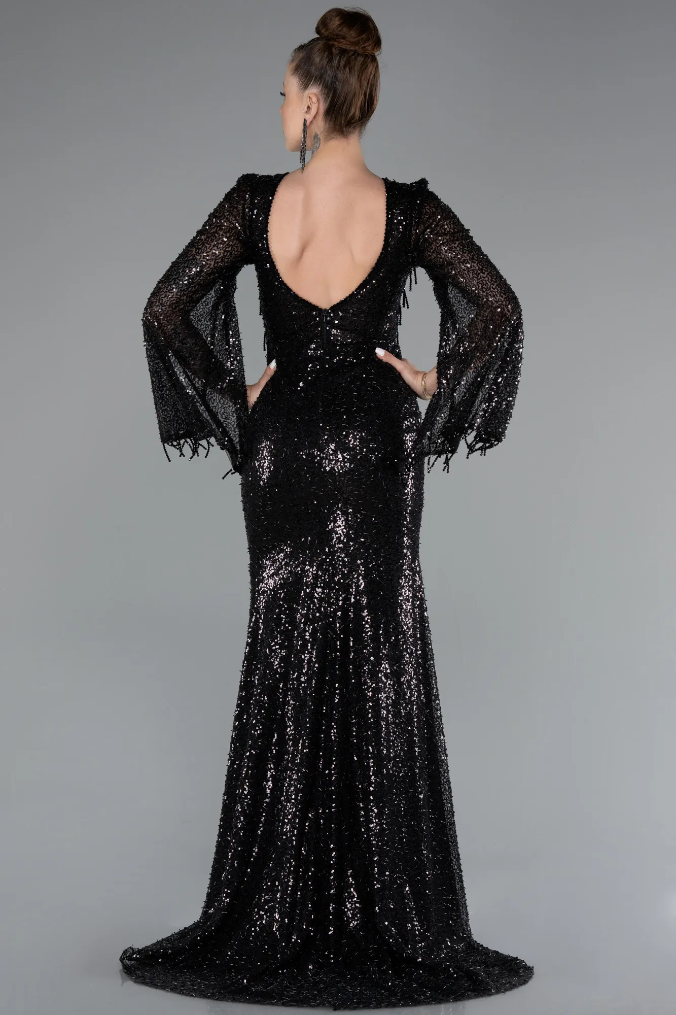 Black-Slit Shawl Sleeve Long Special Design Beaded Evening Dress ABU5002