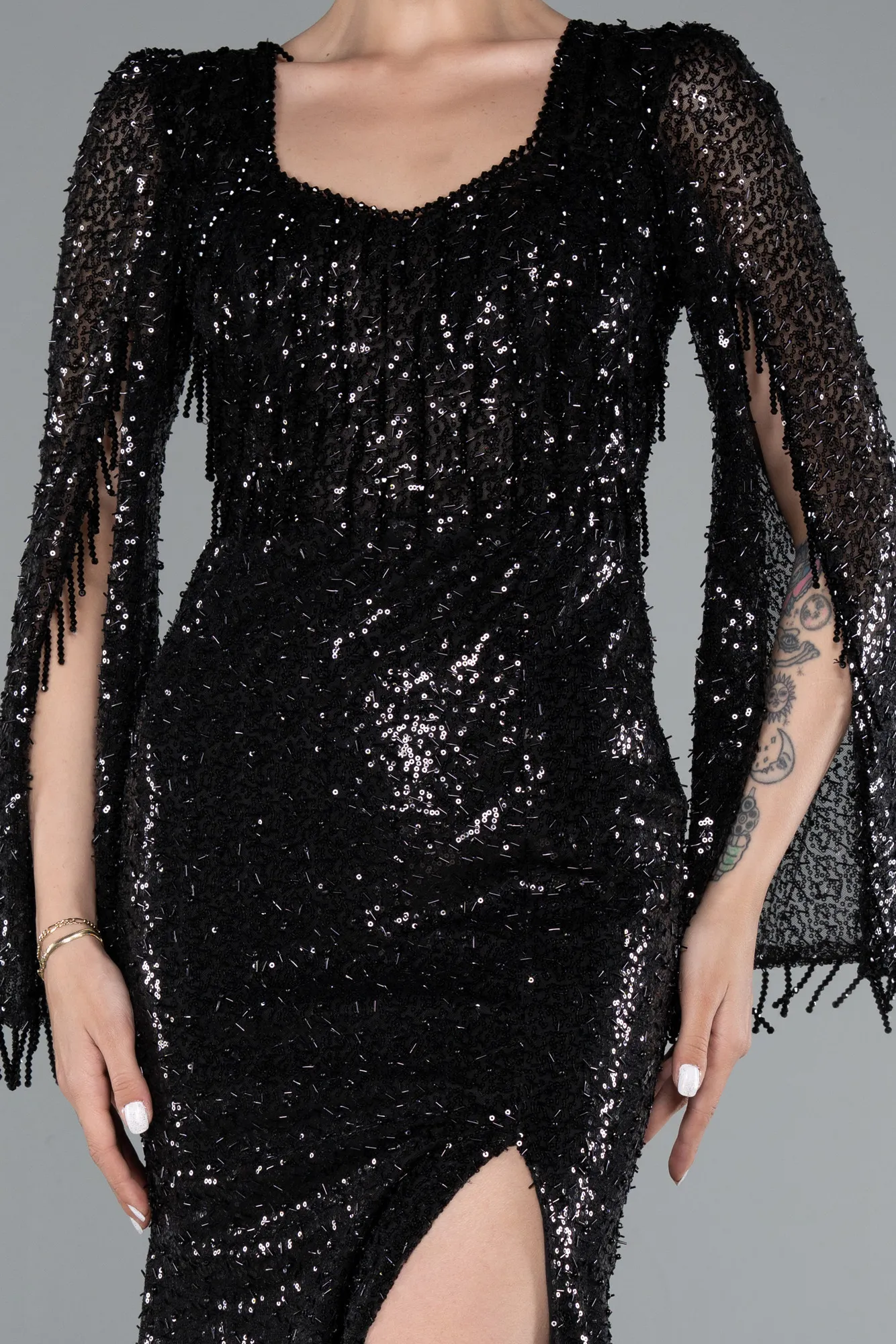 Black-Slit Shawl Sleeve Long Special Design Beaded Evening Dress ABU5002