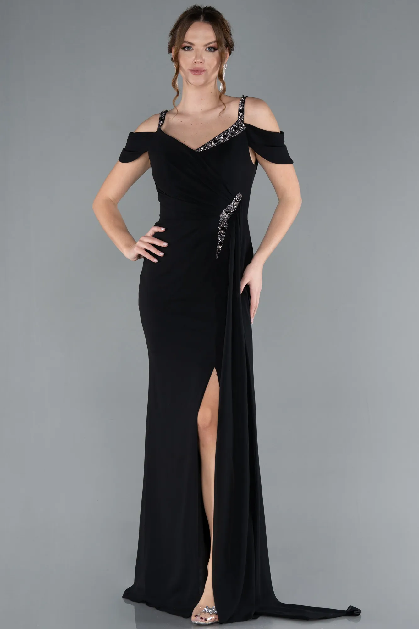Black-Slit Tail Long Chiffon Evening Dress ABU4767