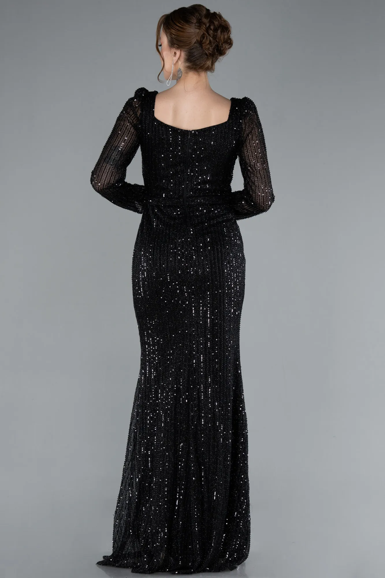 Black-Square Neck Beaded Long Evening Gown ABU4804