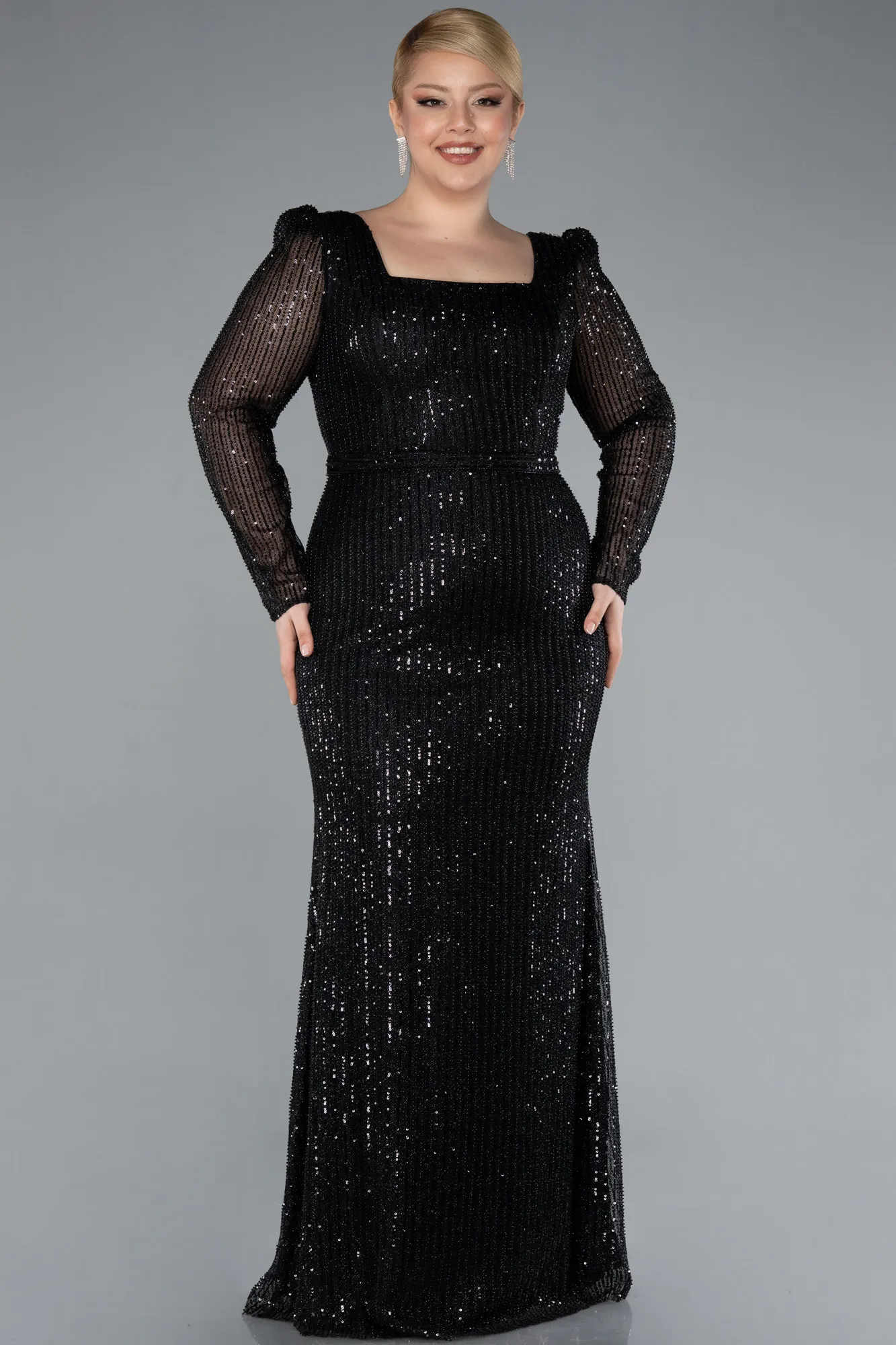 Black-Square Neck Beaded Long Plus Size Evening Gown ABU4805