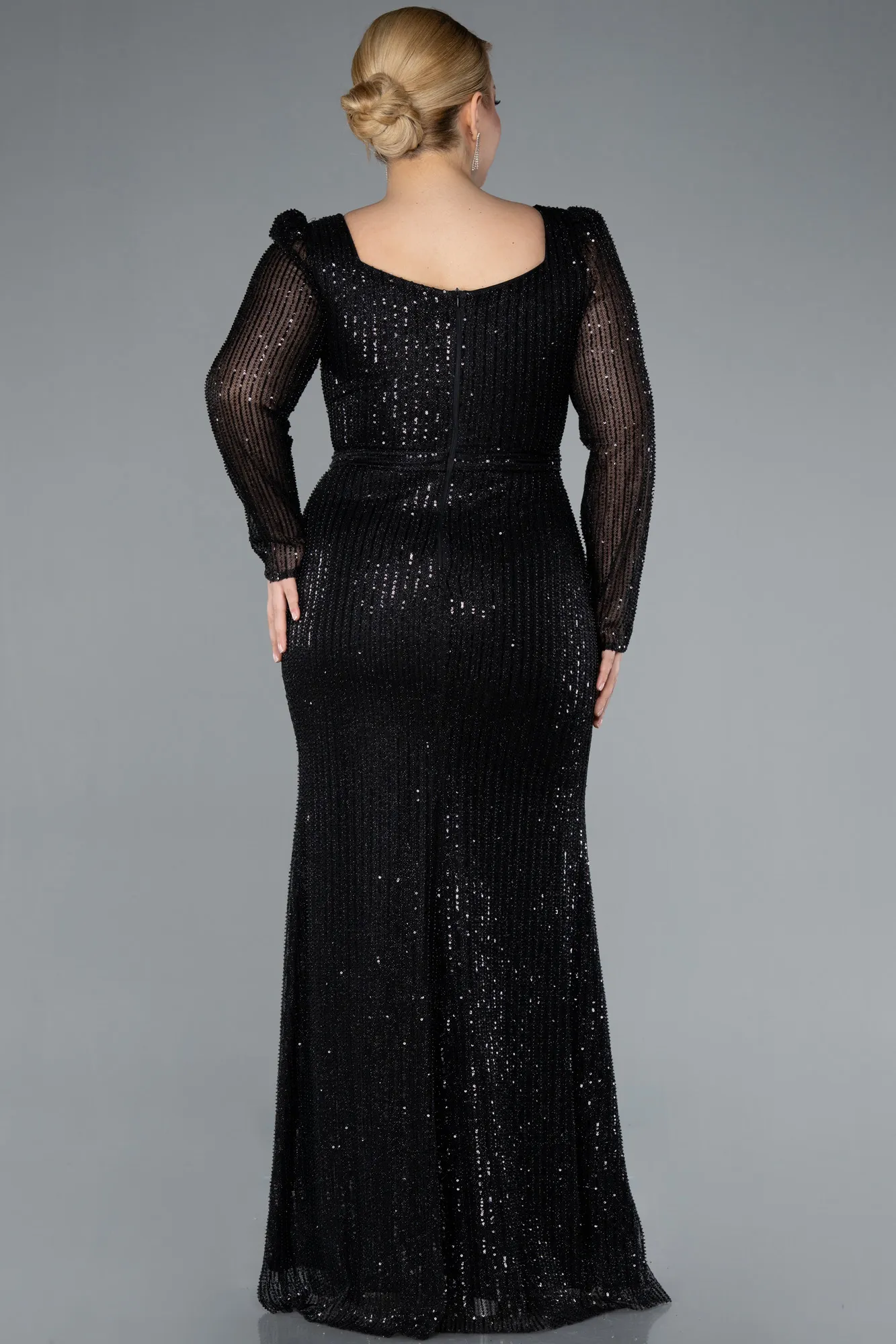 Black-Square Neck Beaded Long Plus Size Evening Gown ABU4805