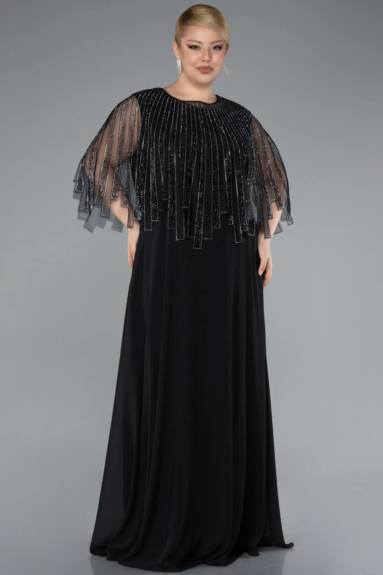 Black-Stone Shawl Detailed Two Piece Long Chiffon Plus Size Evening Gown ABU4795