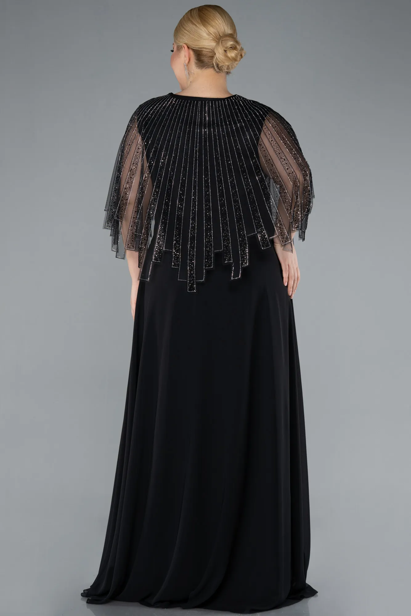 Black-Stone Shawl Detailed Two Piece Long Chiffon Plus Size Evening Gown ABU4795