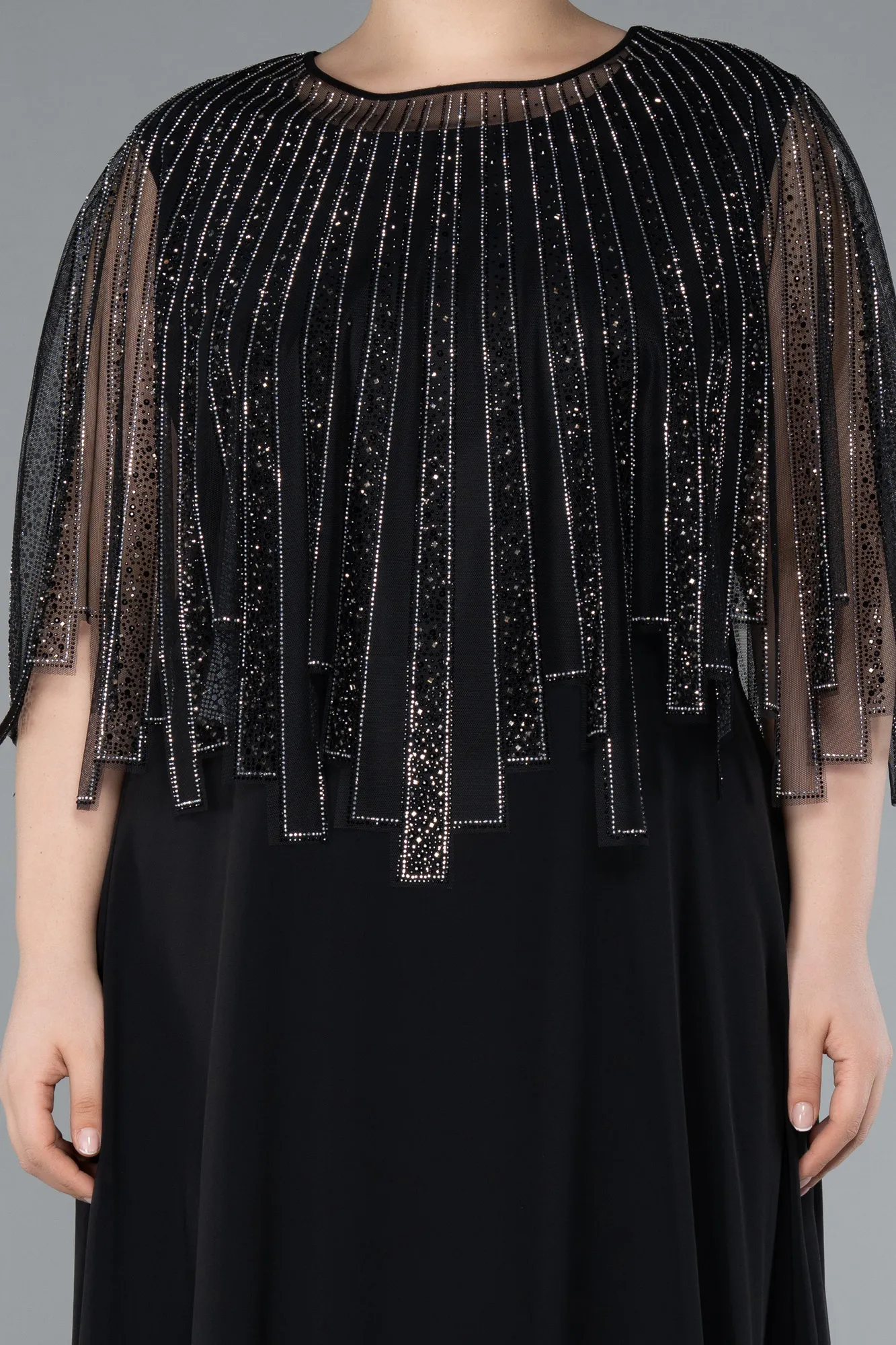 Black-Stone Shawl Detailed Two Piece Long Chiffon Plus Size Evening Gown ABU4795