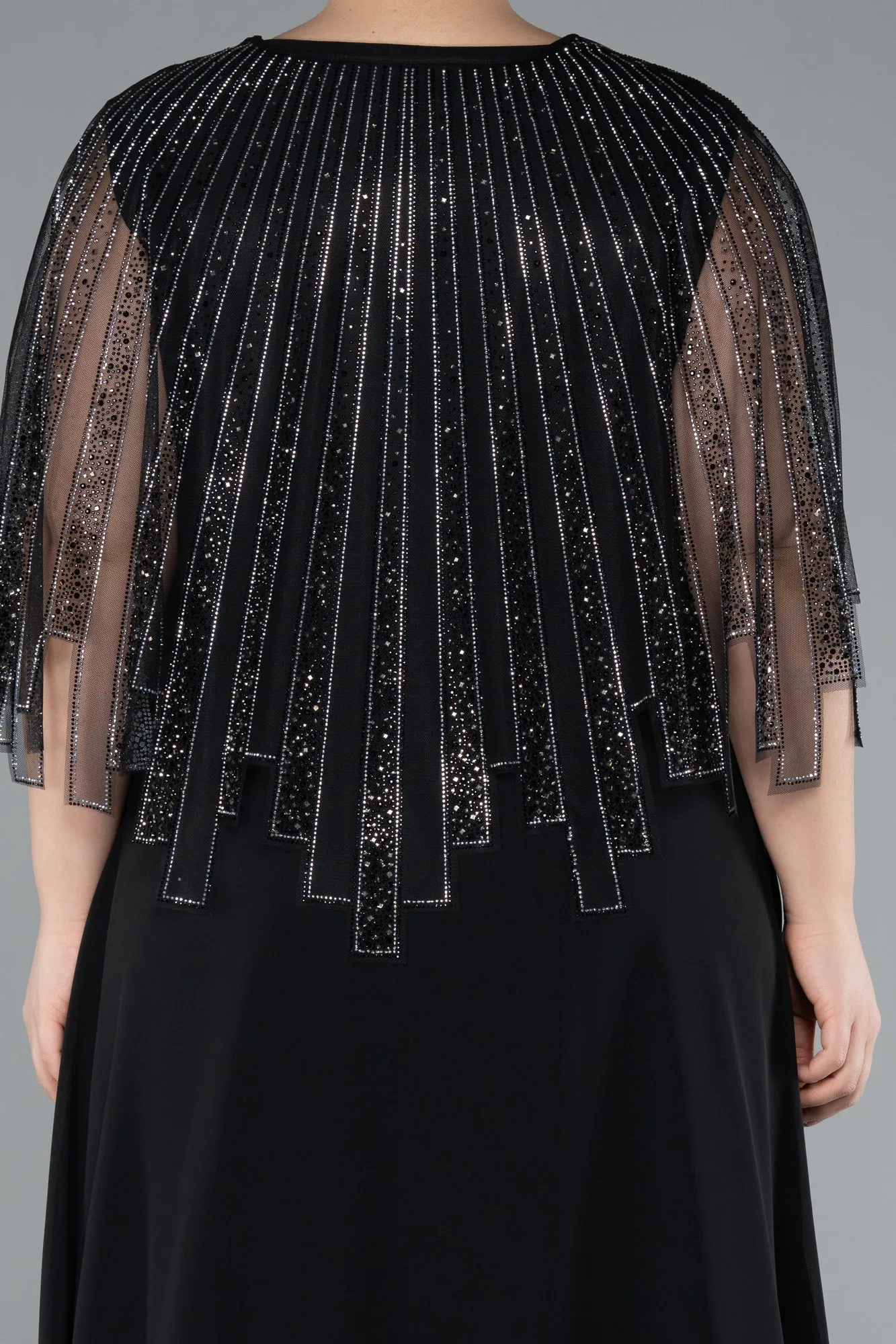 Black-Stone Shawl Detailed Two Piece Long Chiffon Plus Size Evening Gown ABU4795