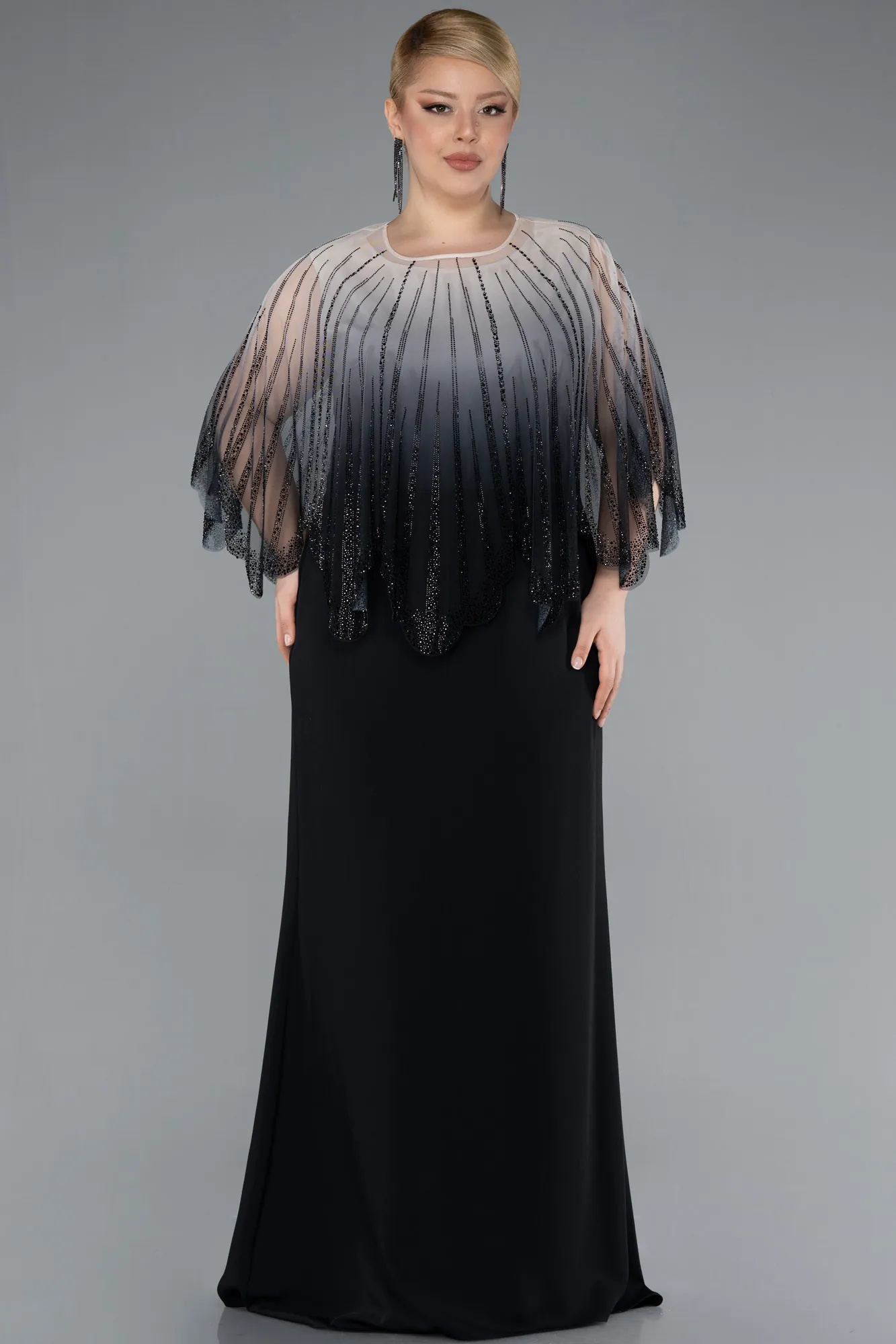Black-Stone Shawl Detailed Two Piece Long Chiffon Plus Size Evening Gown ABU4820