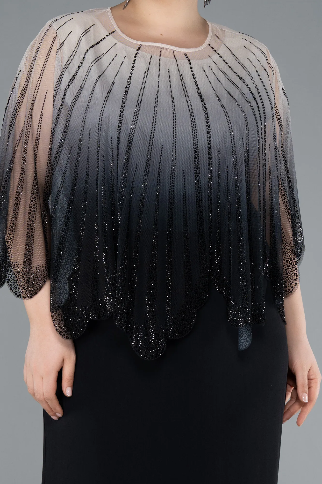 Black-Stone Shawl Detailed Two Piece Long Chiffon Plus Size Evening Gown ABU4820