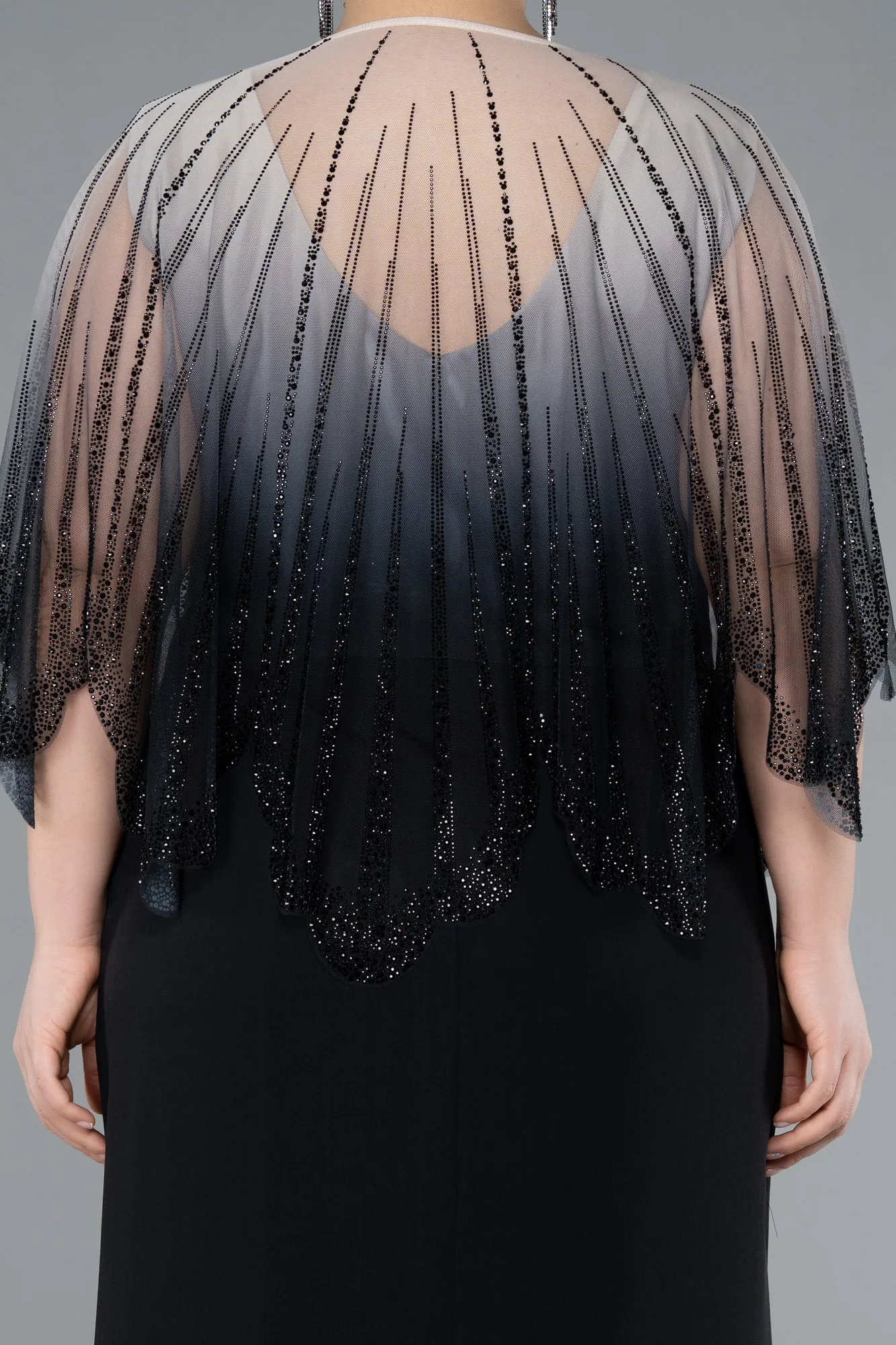 Black-Stone Shawl Detailed Two Piece Long Chiffon Plus Size Evening Gown ABU4820