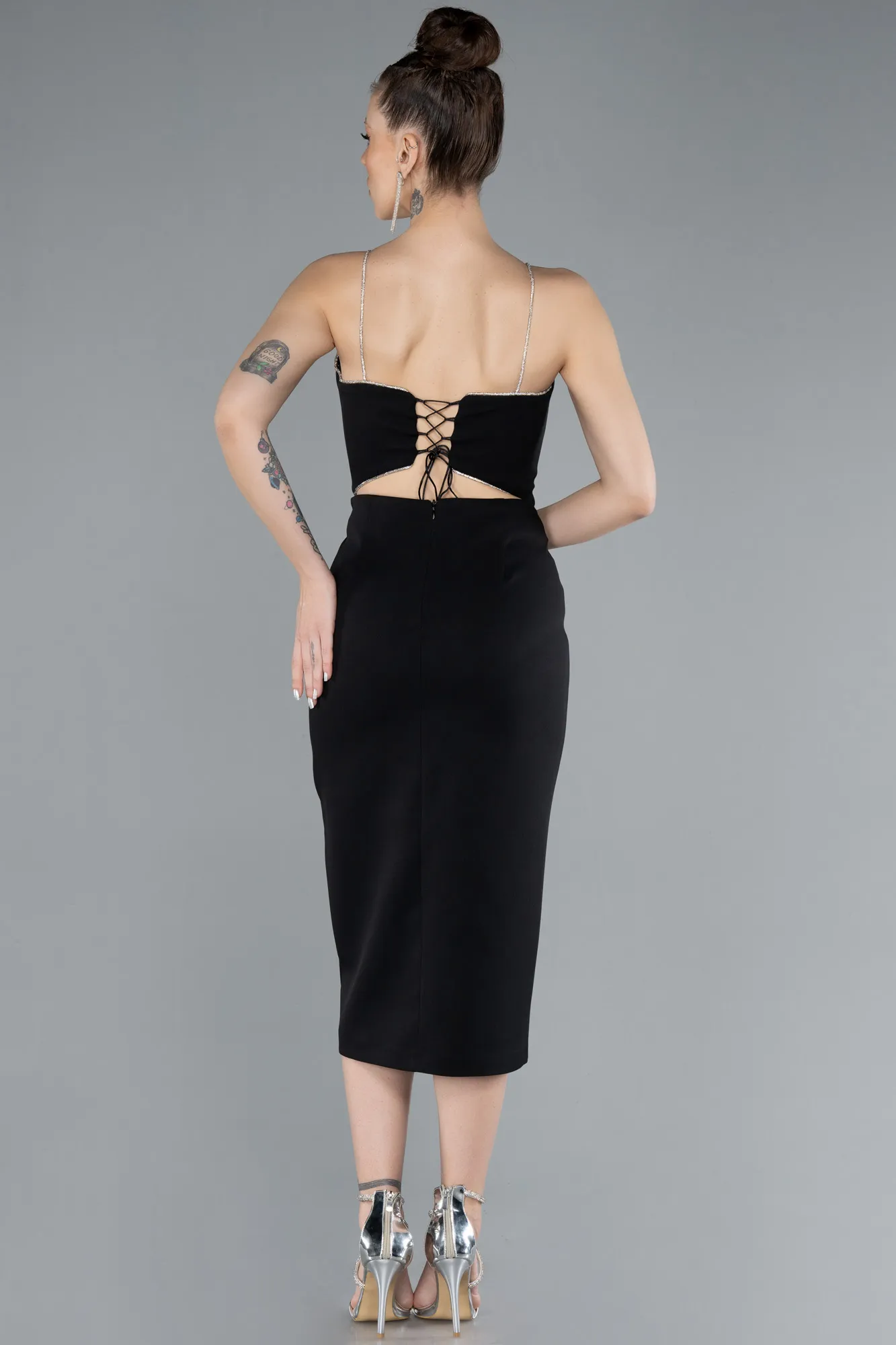 Black-Stone Strap Slit Midi Cocktail Dress ABK2250