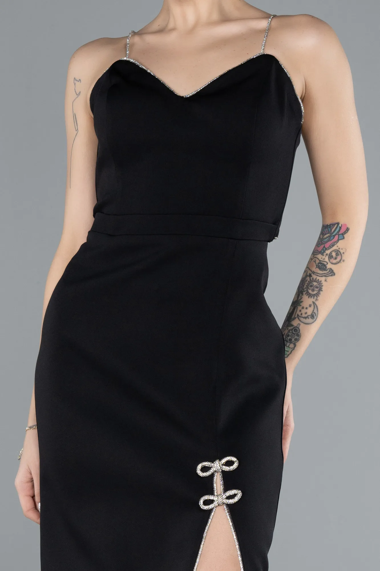 Black-Stone Strap Slit Midi Cocktail Dress ABK2250