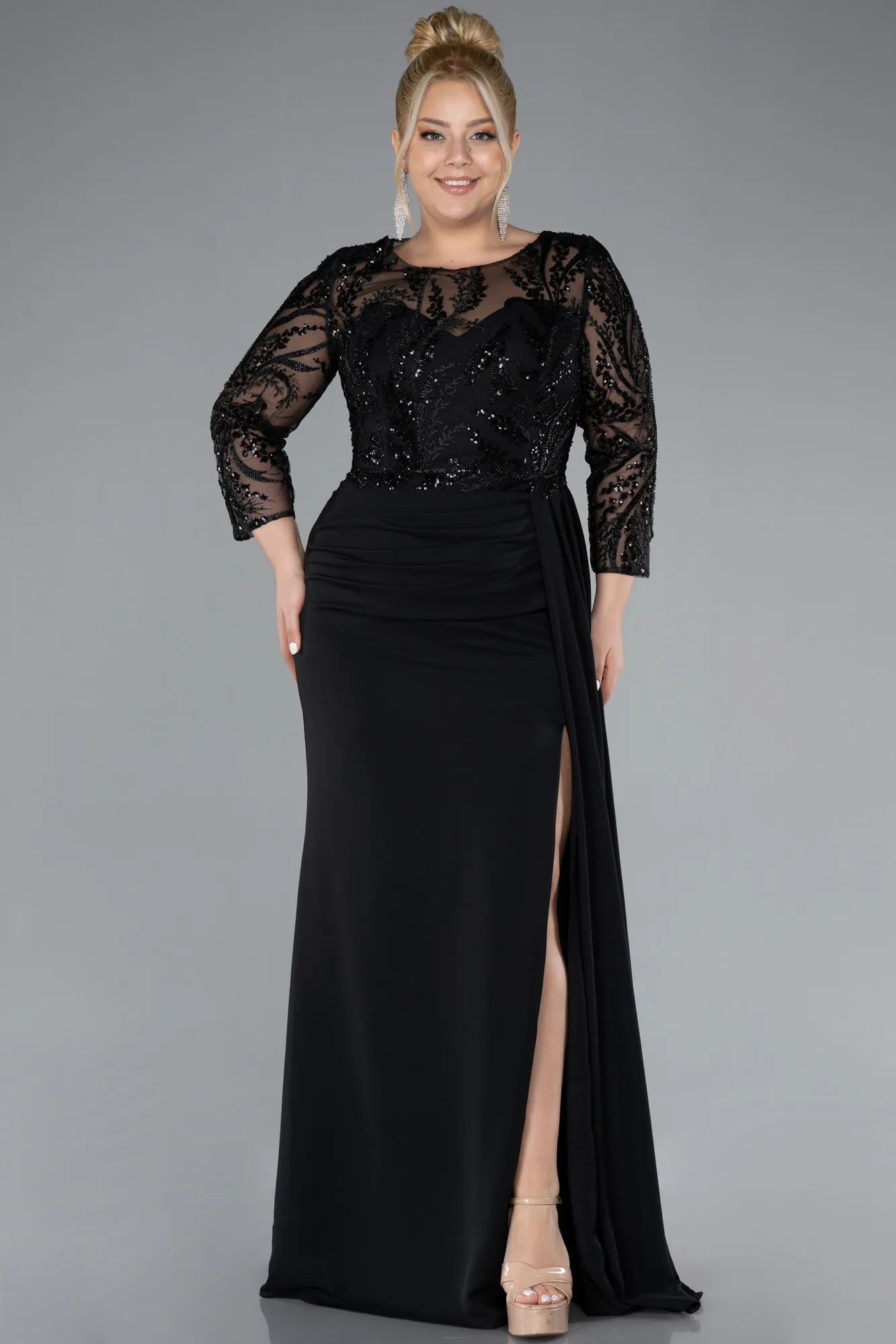 Black-Stoned Capri Sleeve Slit Chiffon Plus Size Evening Gown ABU4294