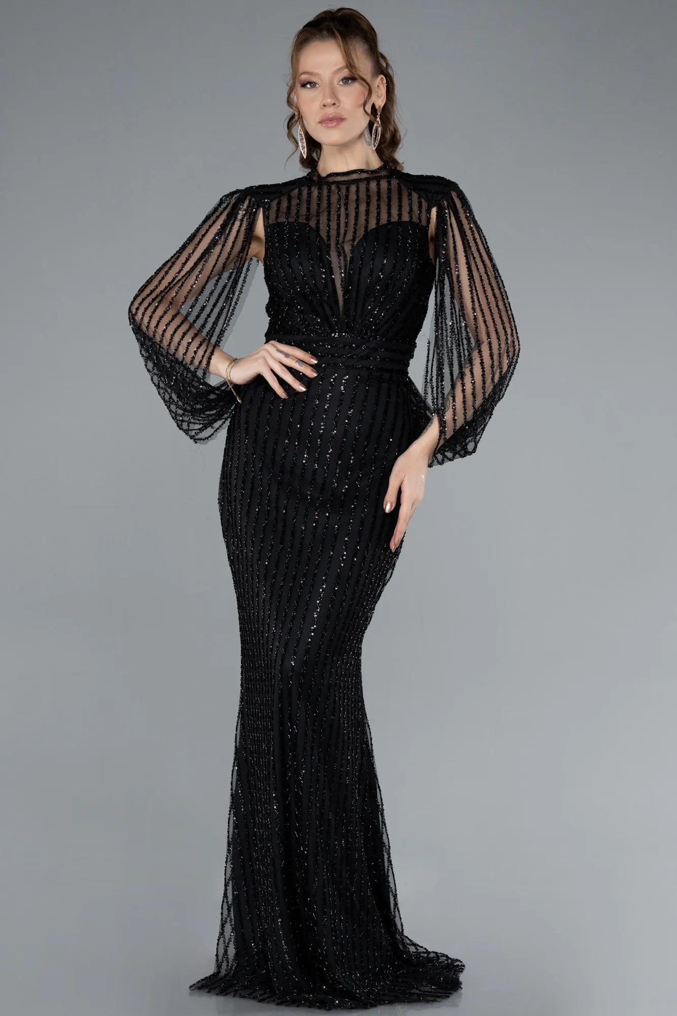 Black-Stoned Long Evening Gown ABU3981