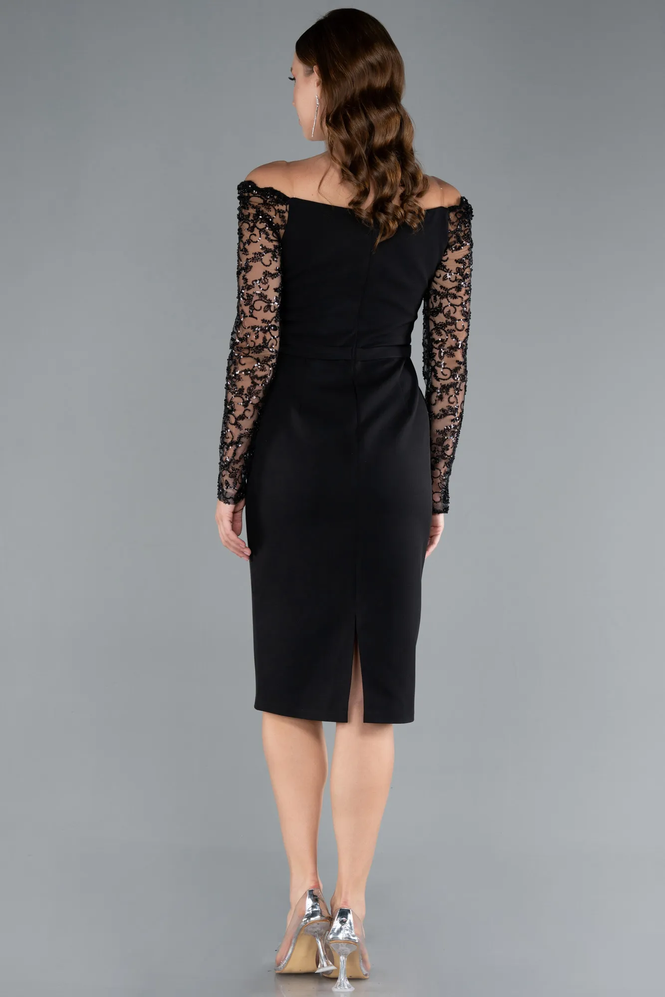 Black-Stoned Long Sleeve Off Shoulder Midi Invitation Dress ABK2304