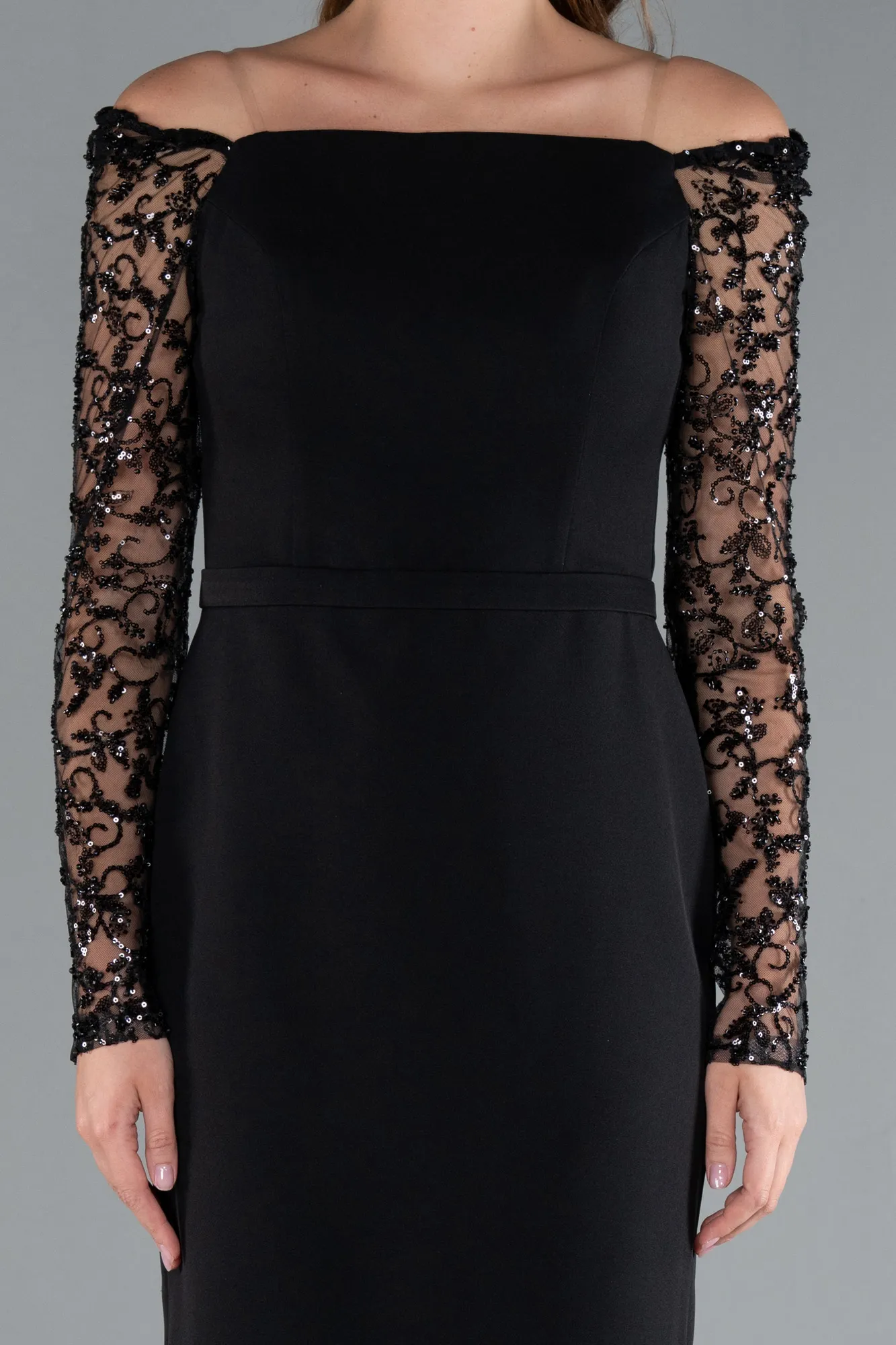 Black-Stoned Long Sleeve Off Shoulder Midi Invitation Dress ABK2304