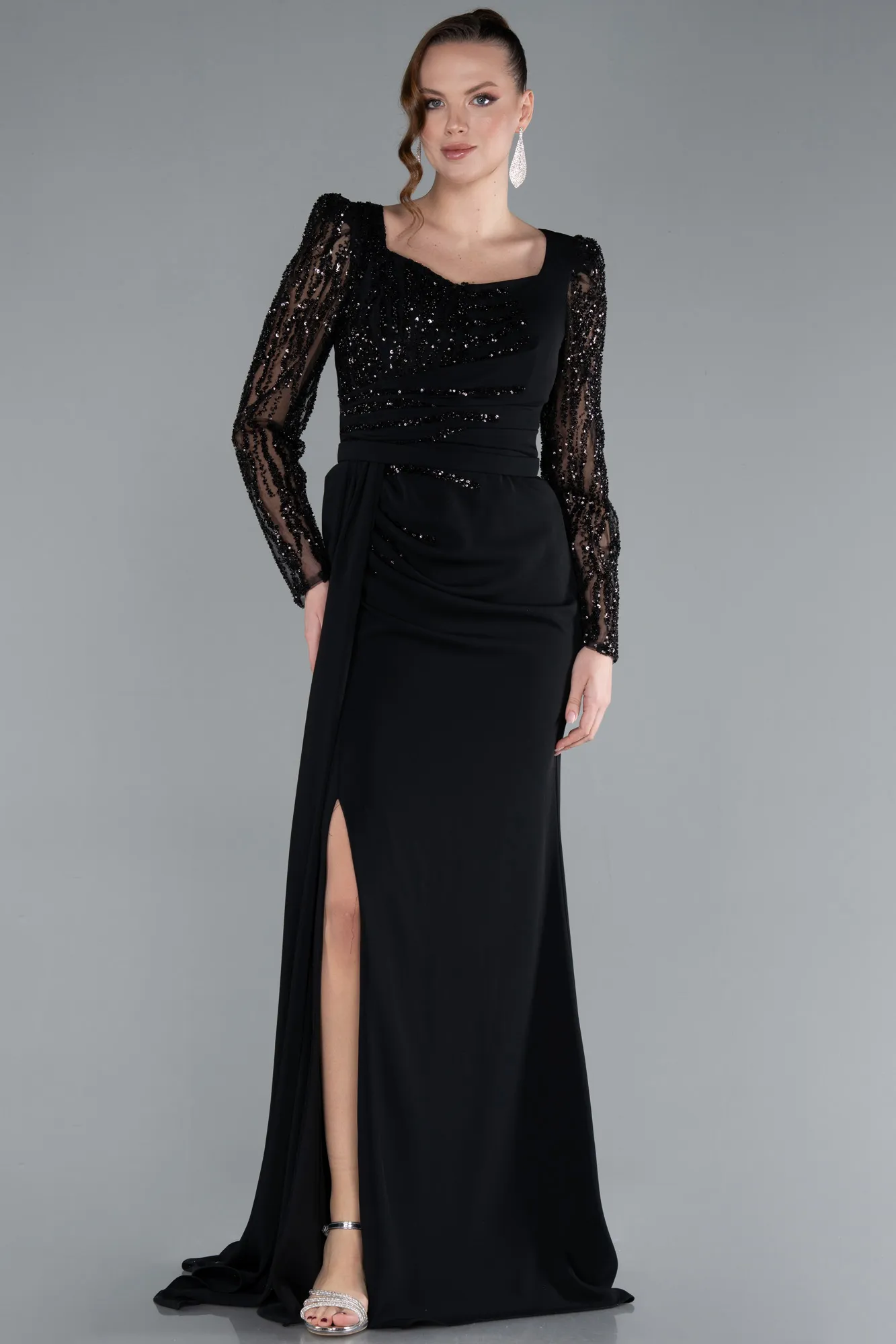 Black-Stoned Long Sleeve Slit Chiffon Evening Gown ABU4732