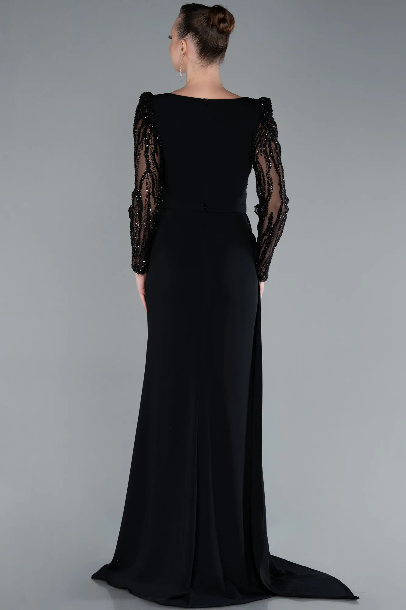 Black-Stoned Long Sleeve Slit Chiffon Evening Gown ABU4732