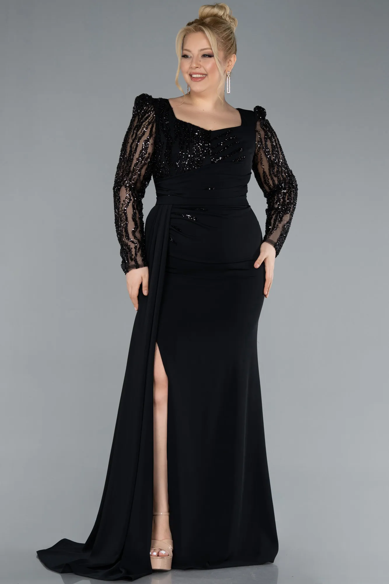 Black-Stoned Long Sleeve Slit Chiffon Formal Plus Size Dress ABU4733