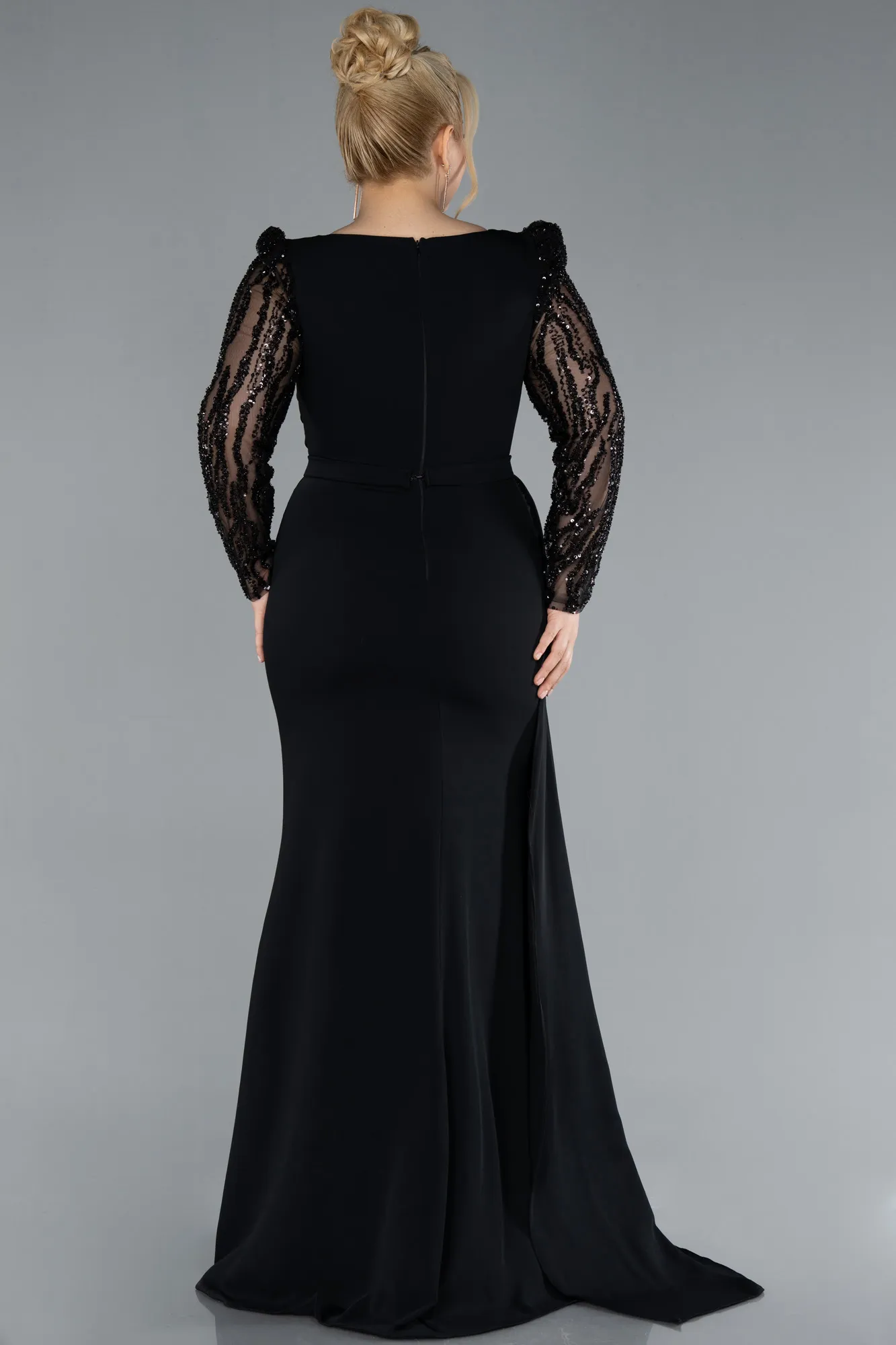 Black-Stoned Long Sleeve Slit Chiffon Formal Plus Size Dress ABU4733