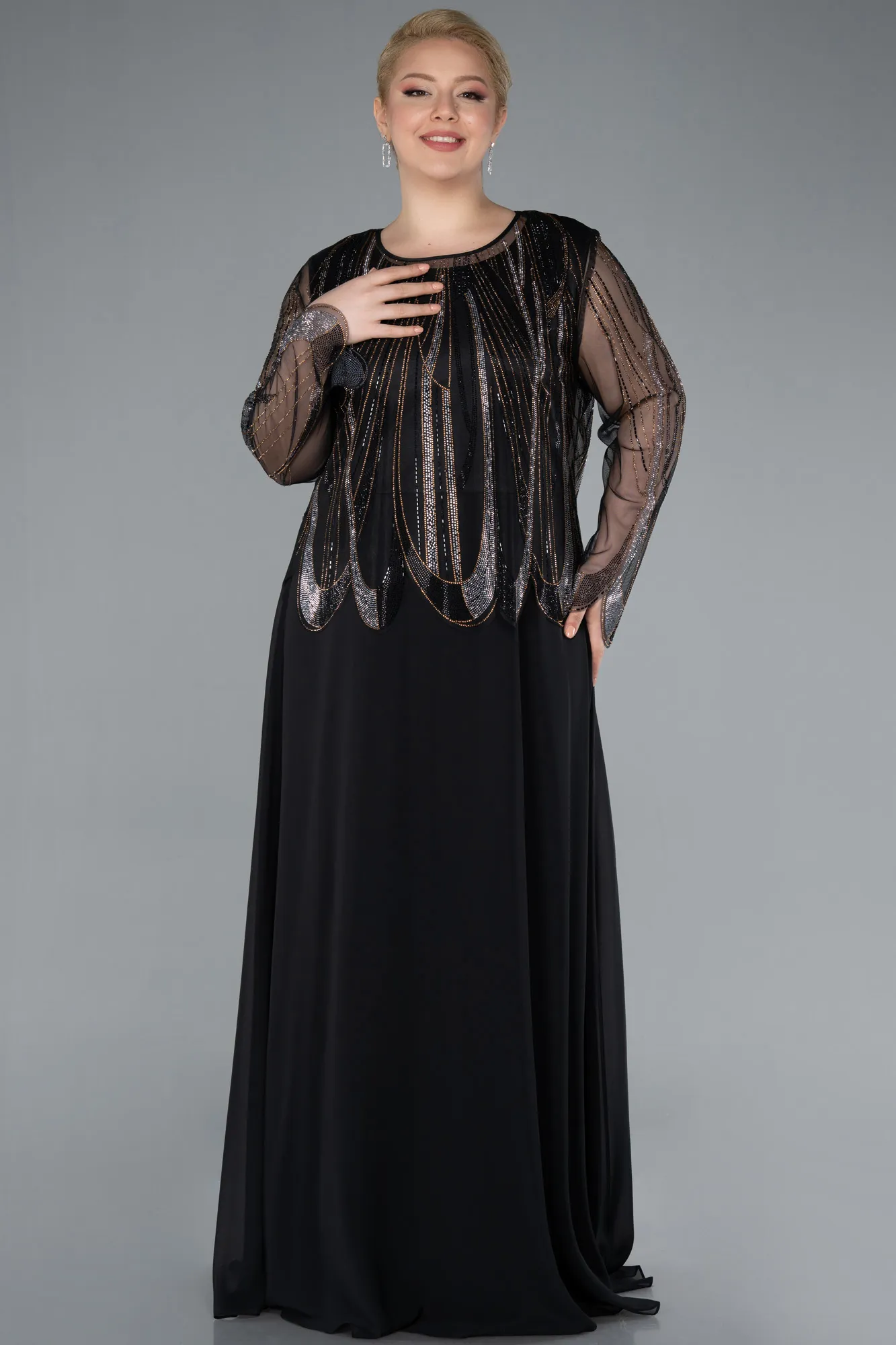 Black-Stoned Long Sleeve Two Piece Plus Size Evening Dress ABU4839