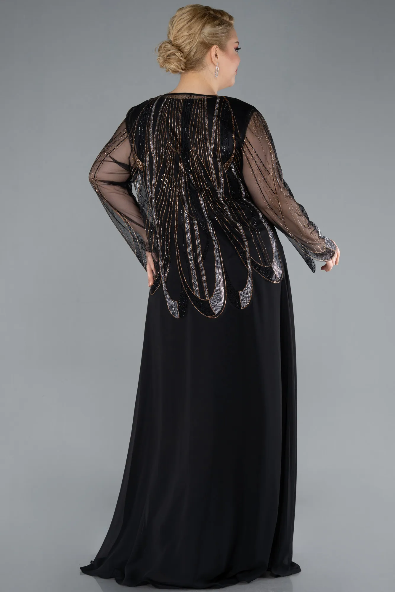 Black-Stoned Long Sleeve Two Piece Plus Size Evening Dress ABU4839