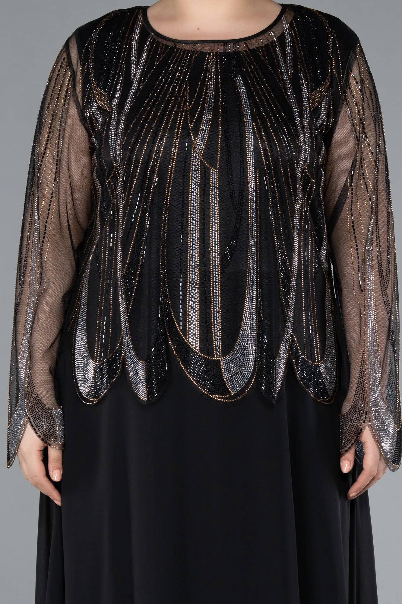 Black-Stoned Long Sleeve Two Piece Plus Size Evening Dress ABU4839