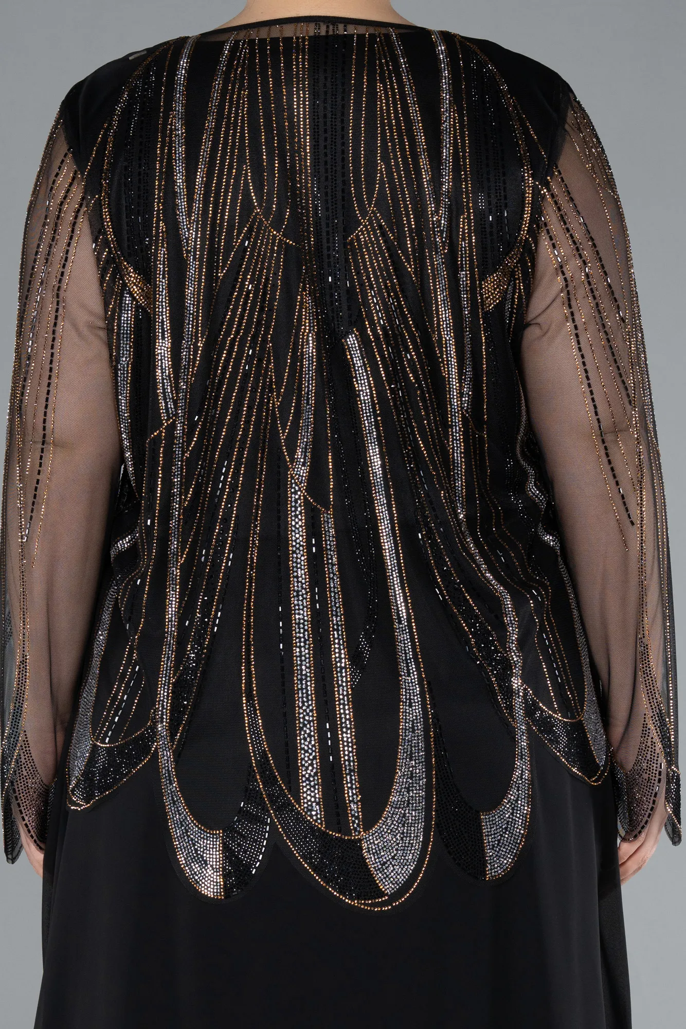 Black-Stoned Long Sleeve Two Piece Plus Size Evening Dress ABU4839