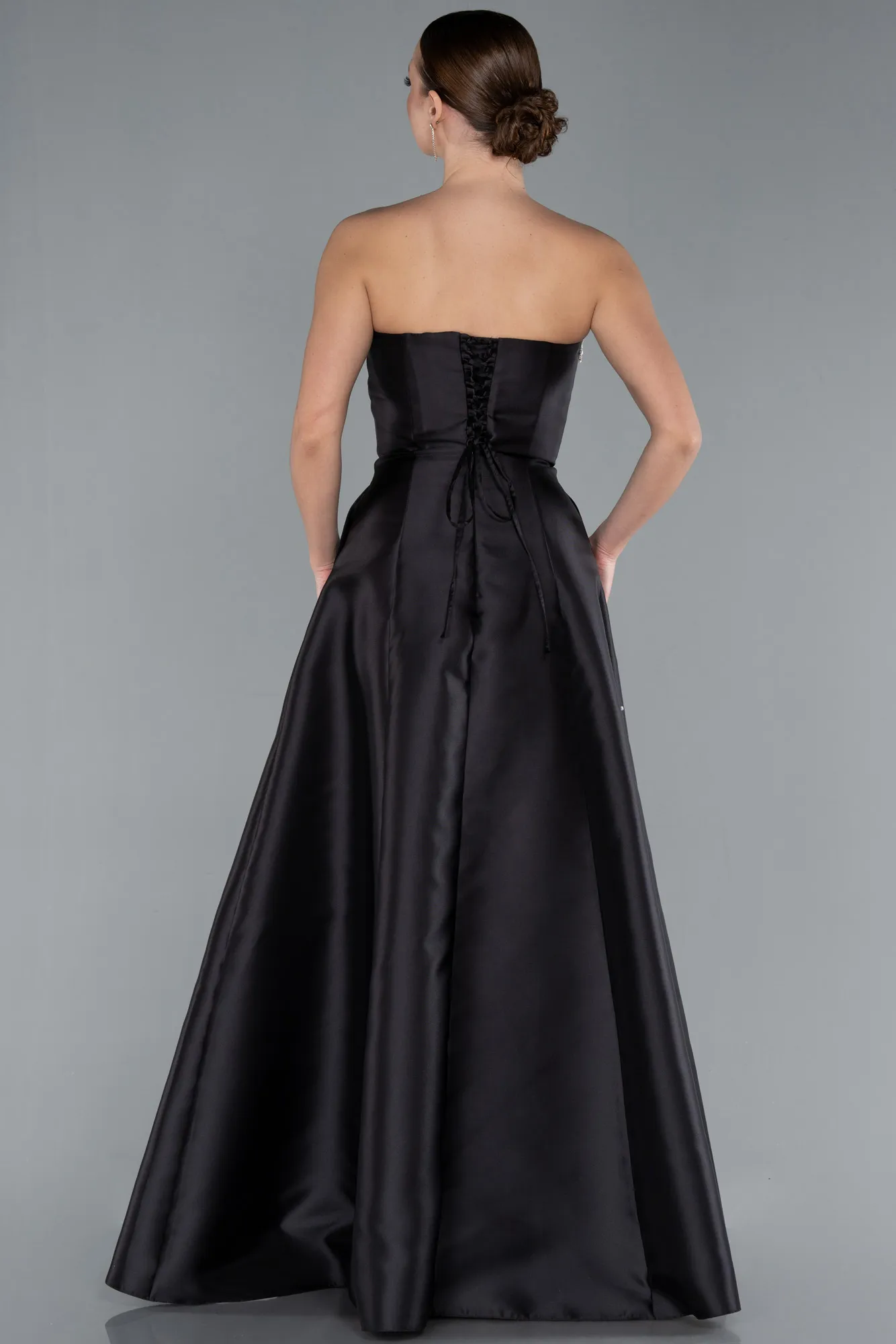 Black-Stoned Strapless Long Taffeta Evening Dress ABU4743