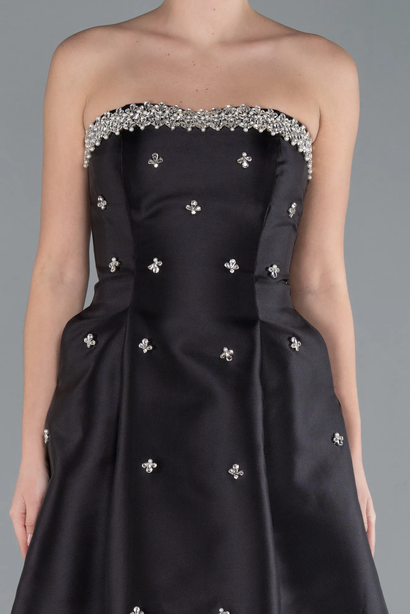 Black-Stoned Strapless Long Taffeta Evening Dress ABU4743