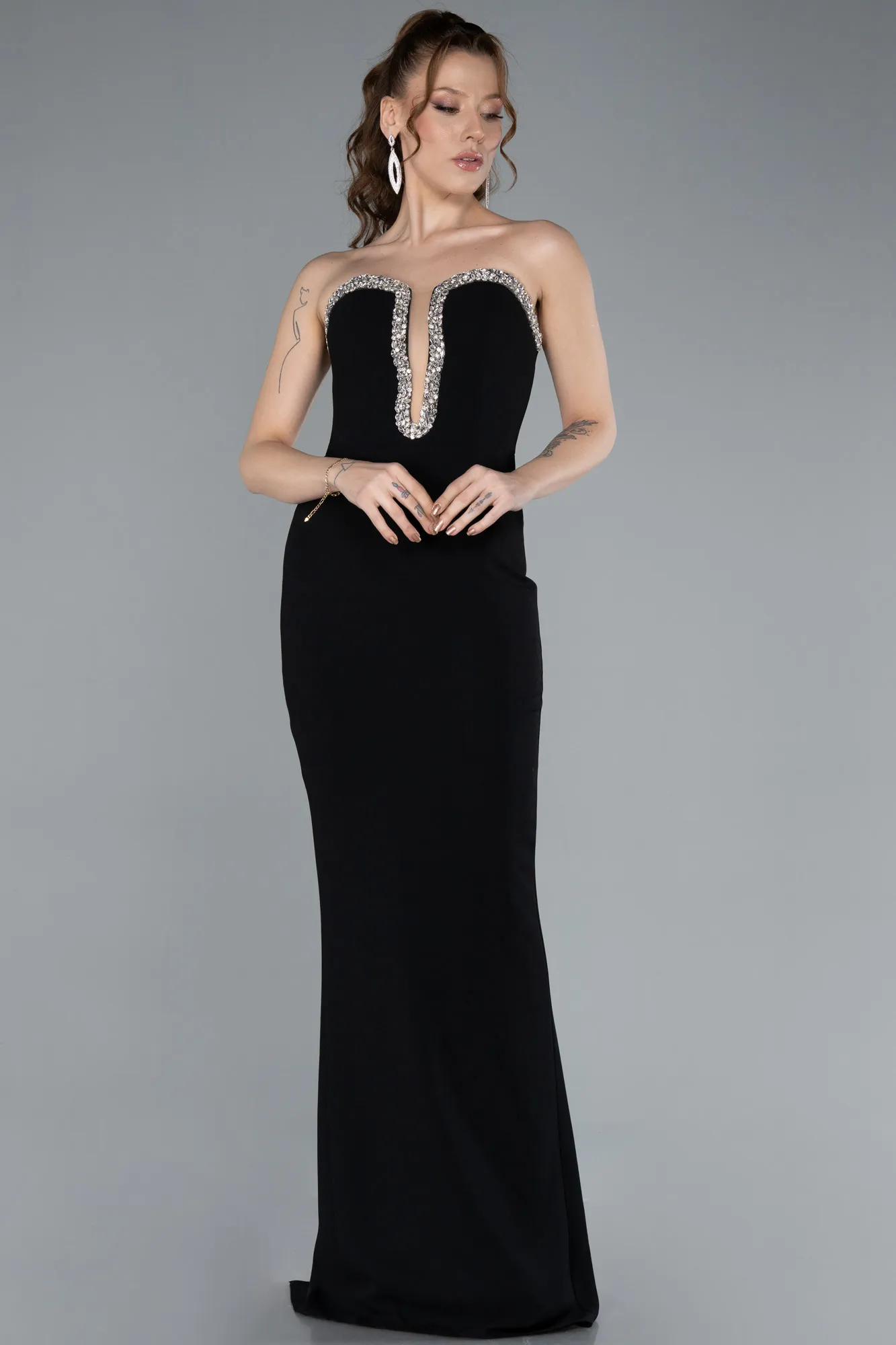 Black-Stoned Strapless Neck Long Mermaid Evening Gown ABU4687
