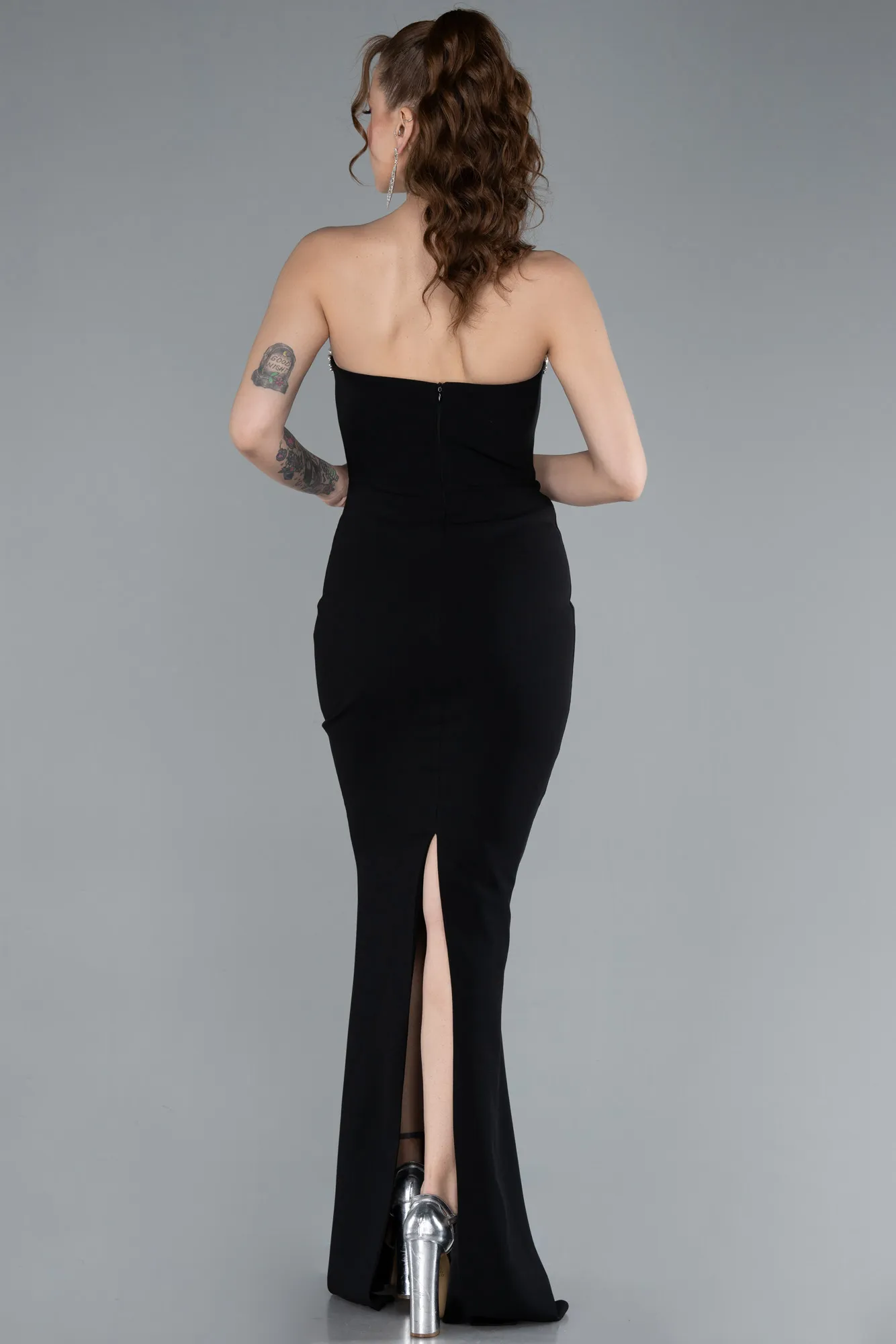 Black-Stoned Strapless Neck Long Mermaid Evening Gown ABU4687