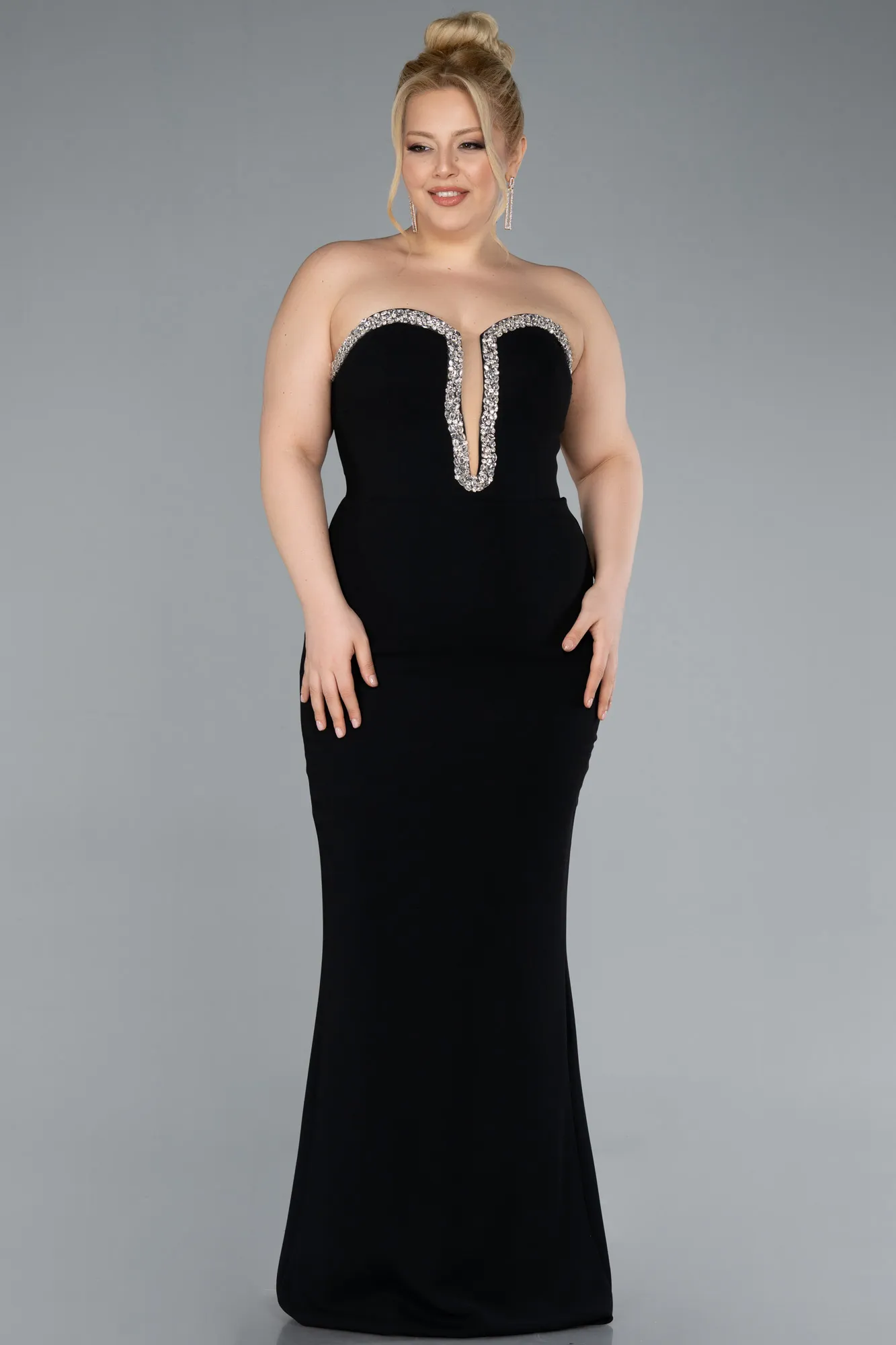 Black-Stoned Strapless Neck Long Plus Size Evening Gown ABU4688