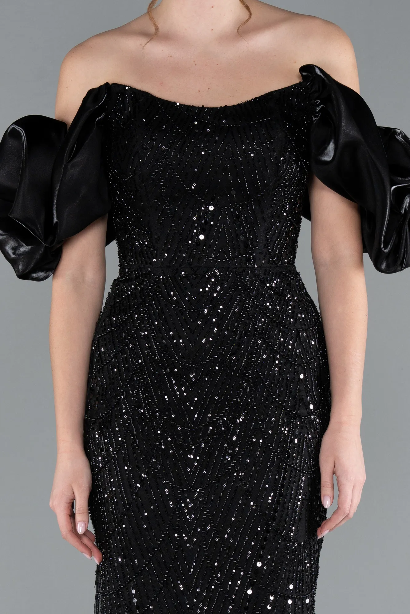 Black-Stoned Strapless Sleeve Accessories Long Mermaid Evening Gown ABU4509