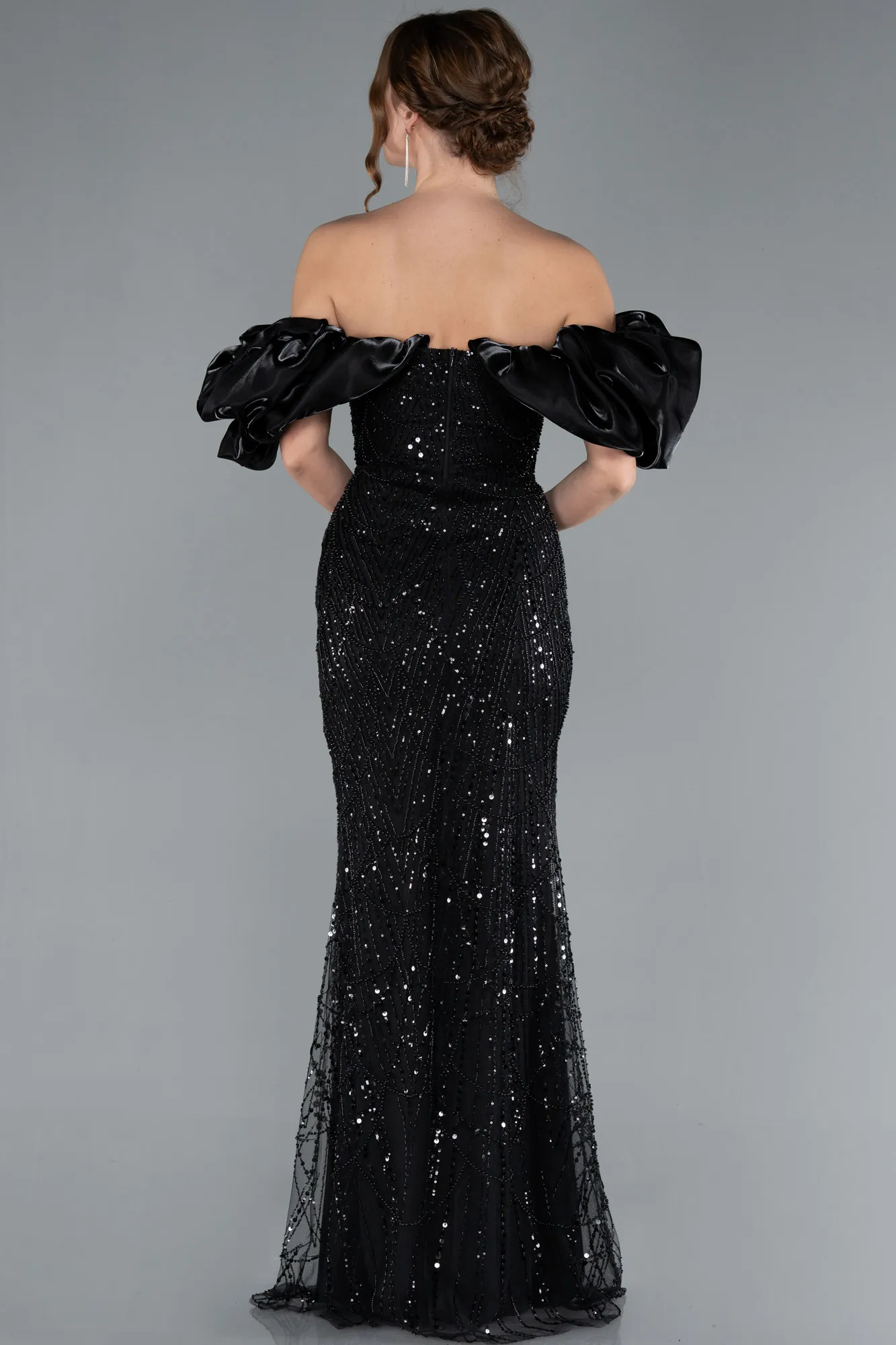 Black-Stoned Strapless Sleeve Accessories Long Mermaid Evening Gown ABU4509