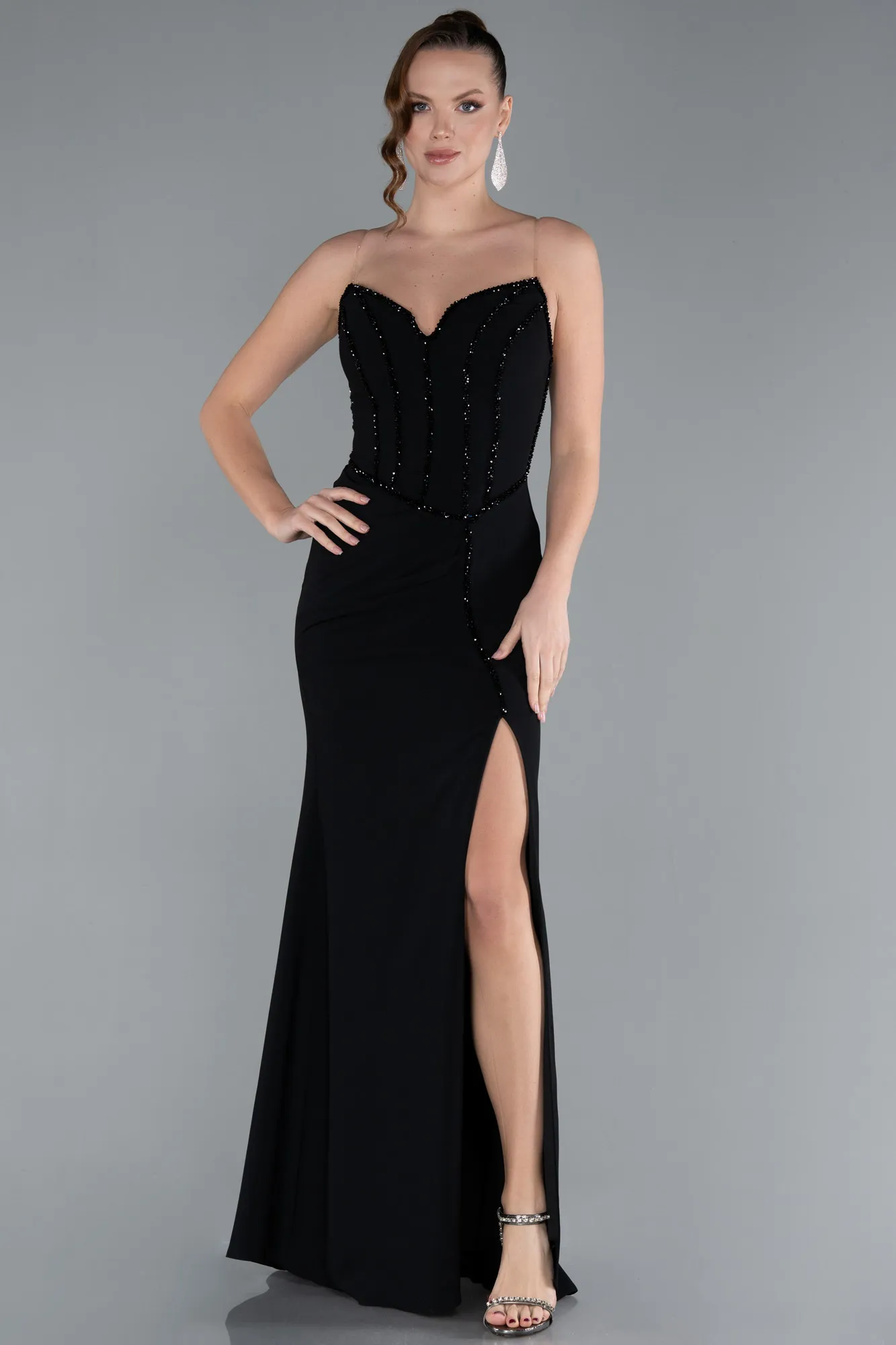 Black-Stoned Strapless Slit Long Prom Gown ABU4693