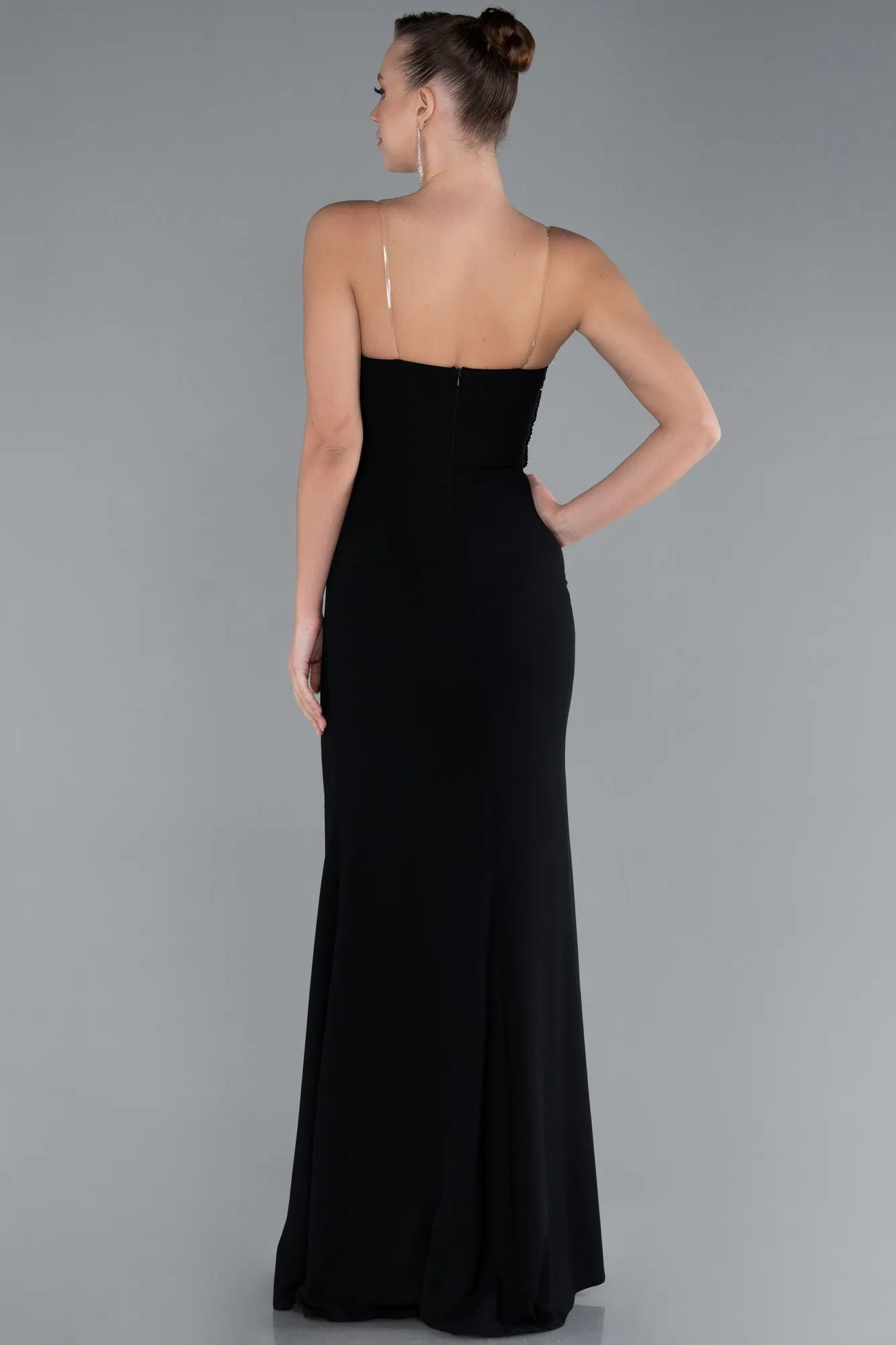 Black-Stoned Strapless Slit Long Prom Gown ABU4693