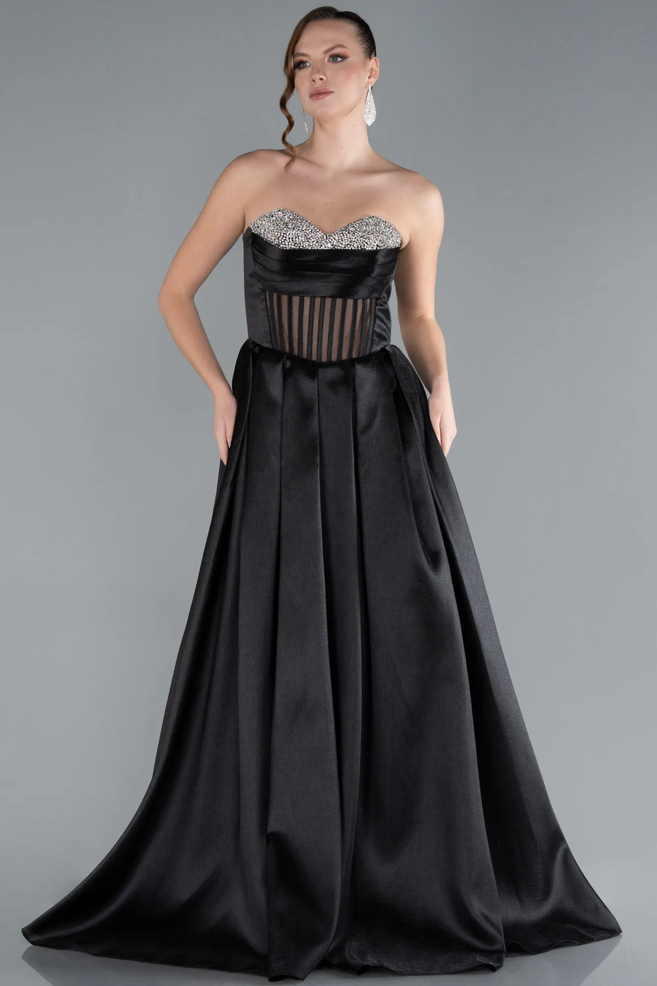 Black-Stoned Strapless Underwire Corset Long Satin Prom Dress ABU4742